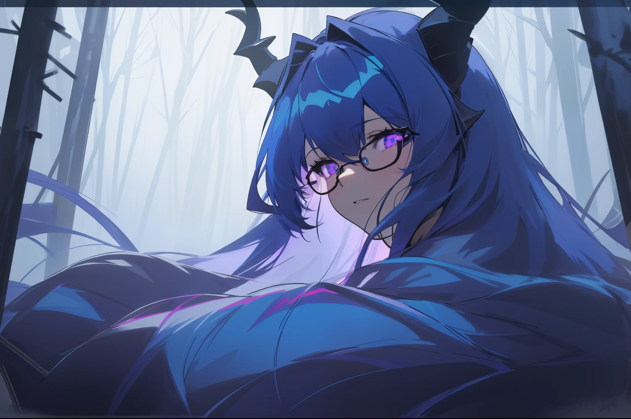 (8k, HD, best quality, intricate details, dark colors, masterpiece: 1.2) a tall shadowed figure with long hair obscured by mist, (horned helmet: 1.3), purple horns, long curly hair, (cerulean blue hair: 1.5), curly long hair, Windsor glasses, glowing purple eyes, staring at viewer, full shot, misty foreground, snowing weather, winter forest background, wendigo, horror