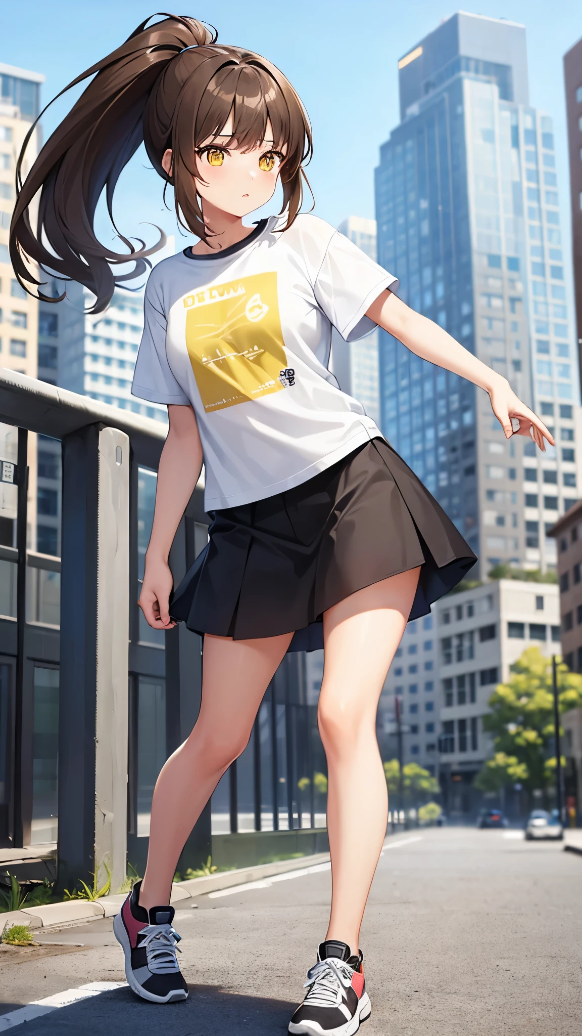 Girl, ponytail hair, brown hair, yellow sapphire eyes, cute girl, hot girl, t-shirt, mini skirt, sneakers, city