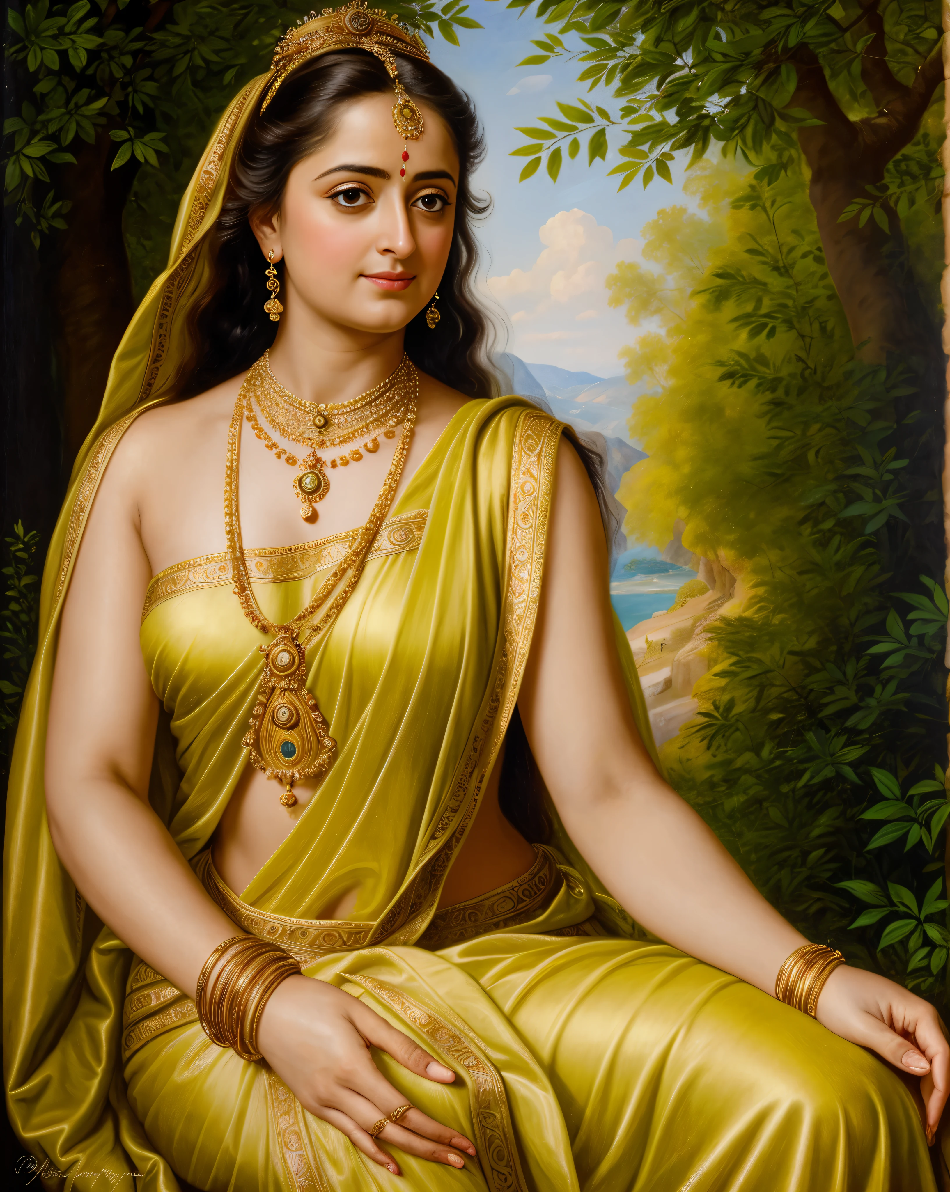 Looks like Anushka Shetty, Masterpiece, Best quality, high clarity eyes, beautifully styled hair, critically flawless,sharp picture, Full portrait, High pixels, perfect face, perfect eyes, beautiful face, perfect hands,perfect fingers, in Peter Paul Rubens style, by Peter Paul Rubens, baroque style, acrylic on canvas, highly detailed, description: "Create a nymph inspired by the tales of Greek or Roman mythology, embodying the essence of a natural element or location, and possessing a unique ability or trait that sets her apart."