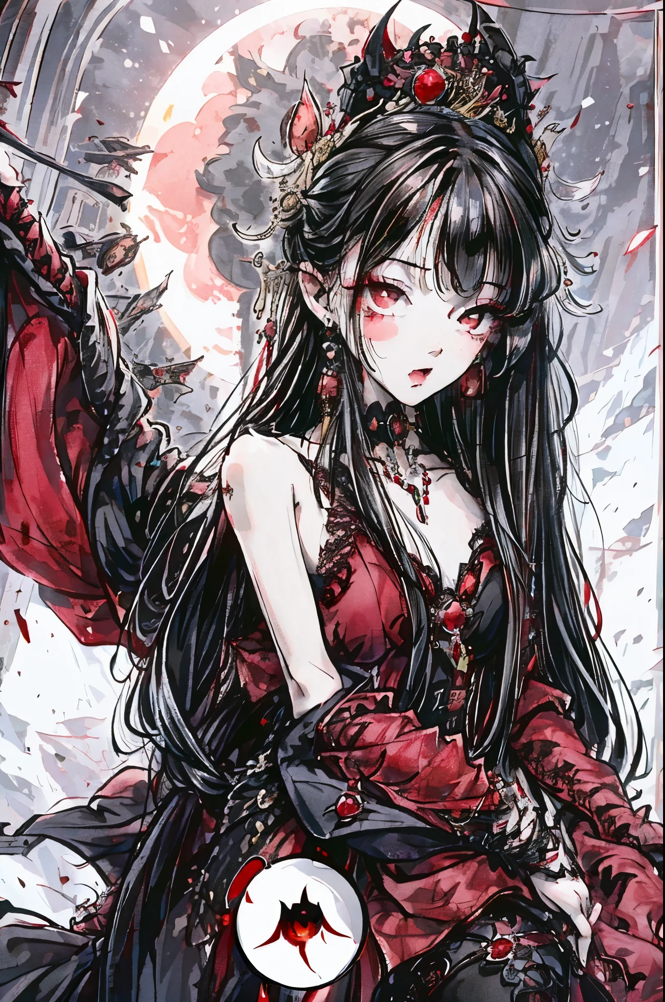 a sexy lolita vampire girl in black and red lace, Long seductive white hair with an open mouth bearing her long fangs with a backdrop of a gothic cathedral in front of a blood red moon