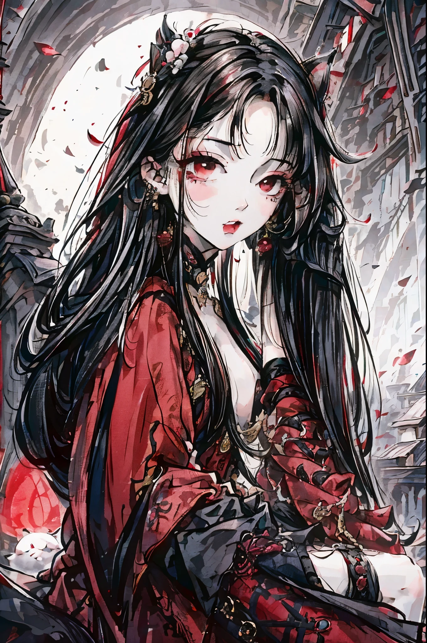 a sexy ta vampire girl in black and red lace, Long seductive white hair with an open mouth bearing her long fangs with a backdrop of a gothic cathedral in front of a blood red moon