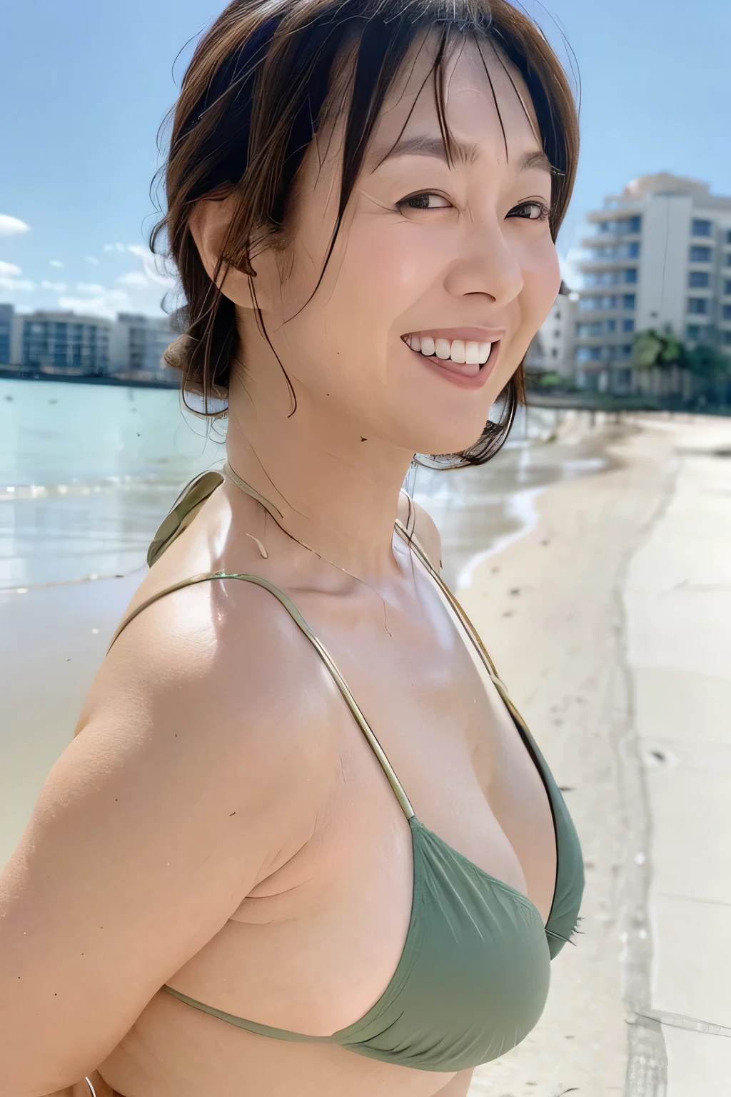 ((highest quality、8K resolution、master masterpiece、portrait:1.3)), Photoreal, 35mm film, 1 Japanese female,Beautiful woman, On the street in the daytime, wrinkles around the eyes, plump body,((sexy micro bikini:1.3)) , (outdoor_on the beach: 1.3), jumbled background,look at the audience,Super huge huge chests,cleavage