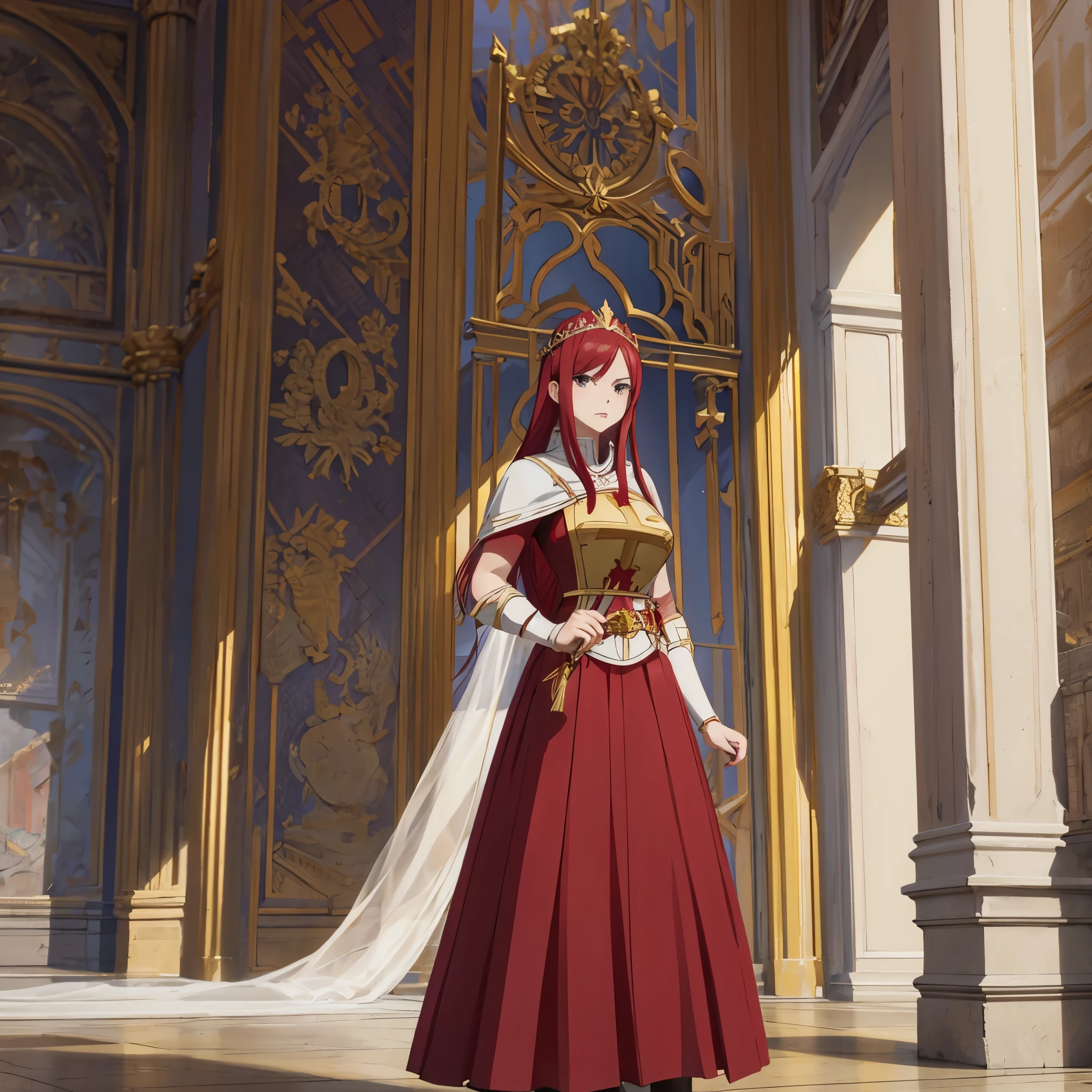 a woman in red and white Roman empress clothing in a palace of the Roman Empire holding a golden sword
