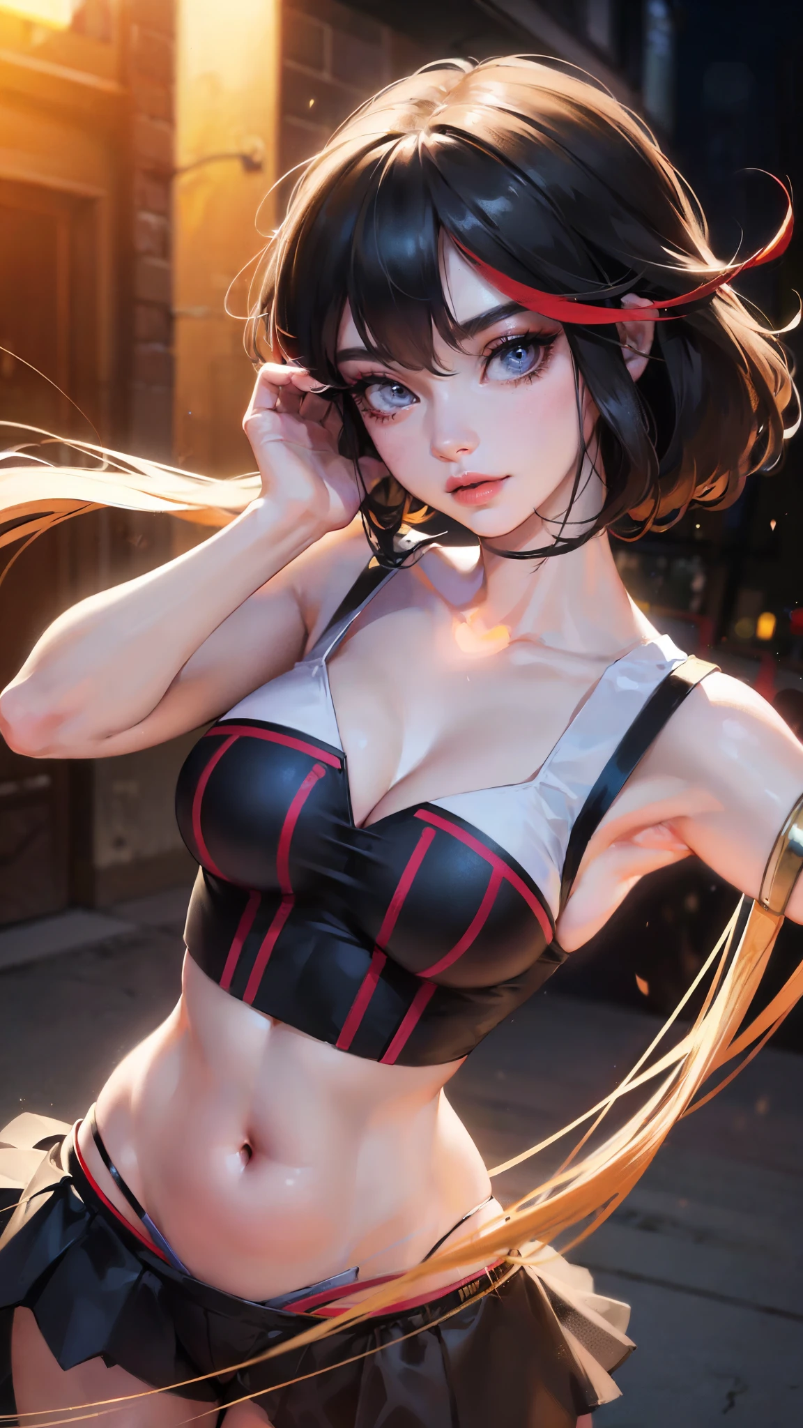Matoi Ryuuko (Kill la kill), Fleshy thighs, Instagram pose,Dynamic angle, Show armpits, ((Crop top, Sleeveless)), Nipples, C cup, Happy expression, (Entire body image:1.5), (8K, Best quality, A high resolution:1.35), (RAW photo:1.2), (Photorealistic:1.37), (Masterpiece: 1.25), Dramatic lighting, Photon maping, Symmetry, Complexity, Elegance, (1 girl), Large breast, Long eyelashes, Detailed eyelashes, Eye shadows, Glowing eyes, ((Natural makeup, Clear facial features)), ((Curvy build, Showing stomach)), ((Fine detailed beautiful eyes: 1.2)), Bad girl, Erotic, ((Street background, Night))