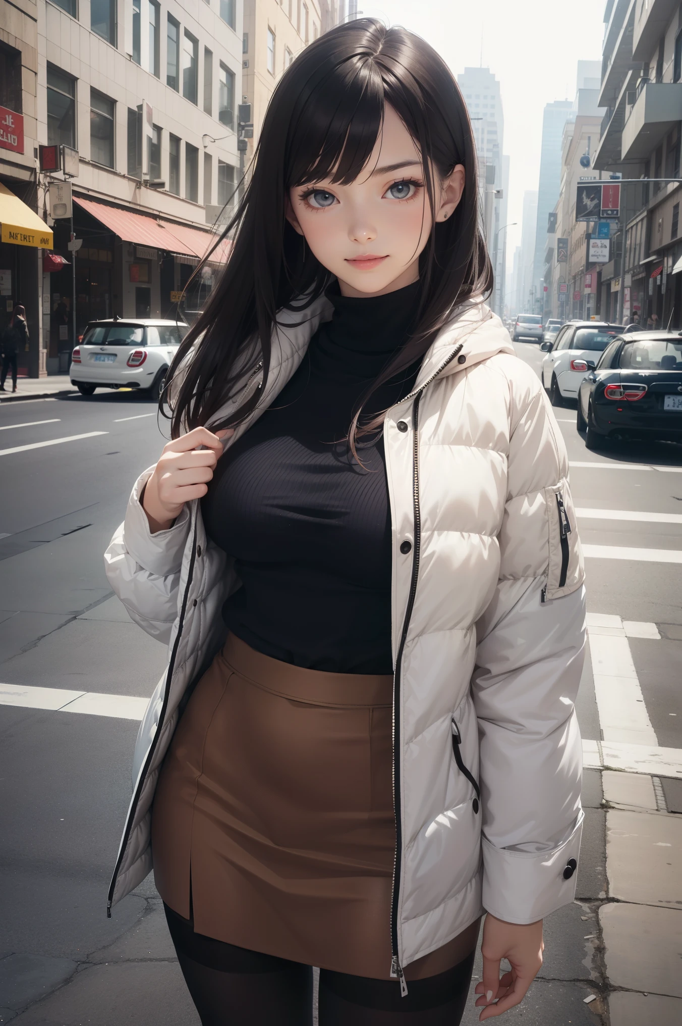 (8K, masterpiece, highest quality, realistic, official art:1.3), detailed face, Detailed small eyes, Fine clothes, detailed skin, detailed shiny hair, (from before, cowboy shot:1.5),
break (boyish girl:1.3), (alone, upright:1.5), big breasts, long legs, smile, (Brown Pixie Cut:1.5), (parted bangs), (tanned skin), skin,
break (cropped jacket, turtleneck shirt, mini skirt), choker, outdoor, downtown, street, spring, (flower),