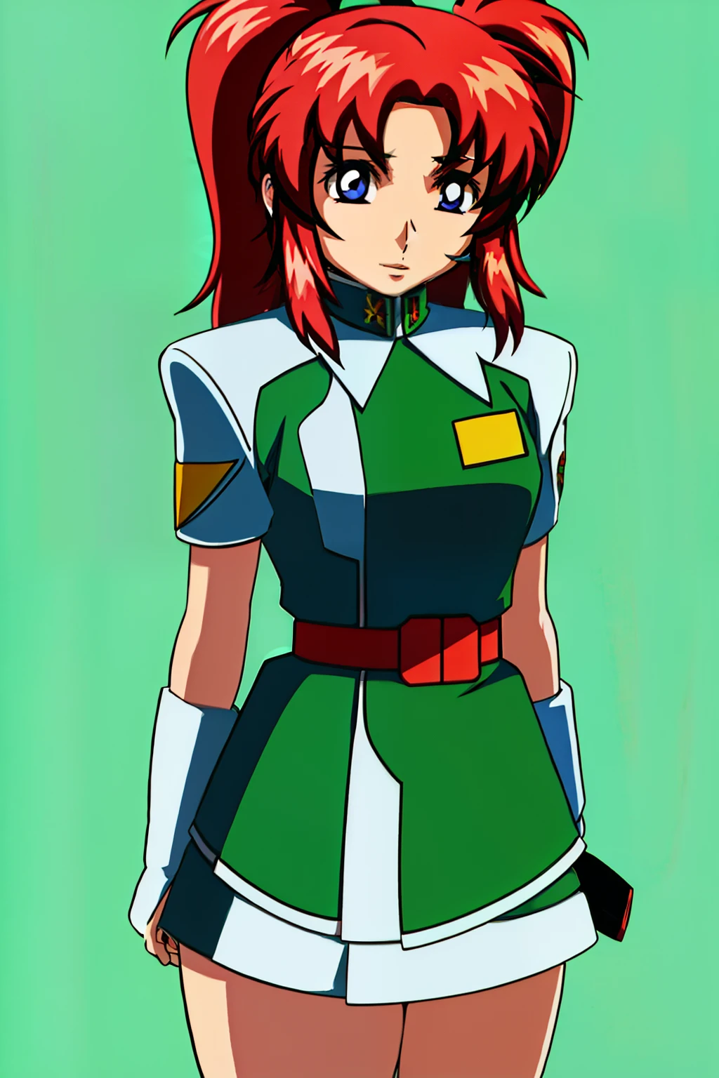 Anime girl with red hair wearing a green and white uniform, lady palutena, Boromir of 80 years\'s anime world, Gainax anime style, Makoto, Inspired by Leiko Ikemura, kakyoin, shinkai Makoto, Inspired by Rei Kamoi, with shoulder pads, rogue anime girl, fubuki