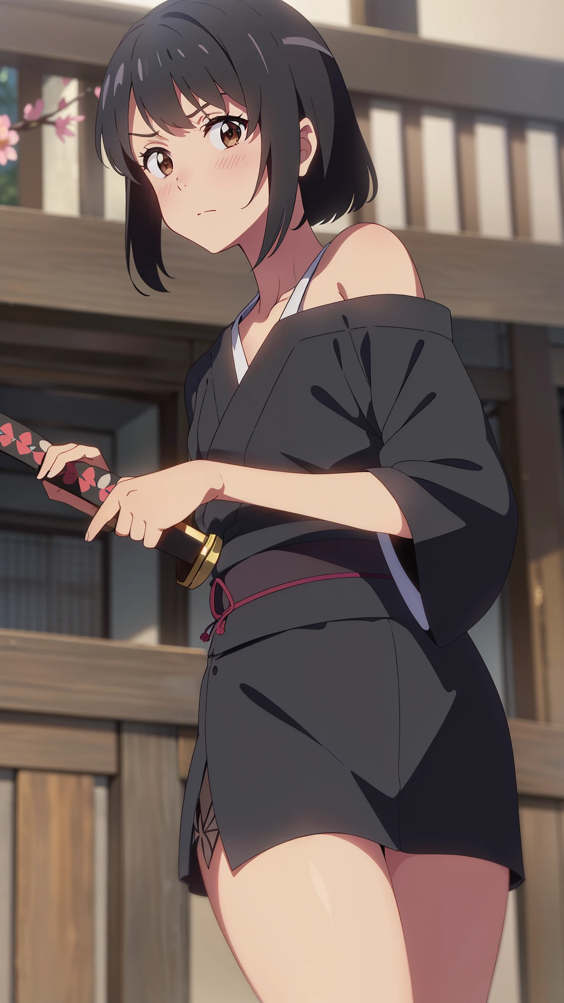 shinkai makoto, kimi no na wa., 1girl, bangs, black hair, blush, brown eyes, shiny skin, cute, shrines, shrine maiden clothes, Off-the-shoulder, looking at the viewer, short hair, solo, Fighting Stance, Despair Face, {The perfect sword, samurais, Straight Katana, Holding a straight sword, Straight knife}, perfect hands, perfect fingers, nightcity, Cherry blossoms are dancing