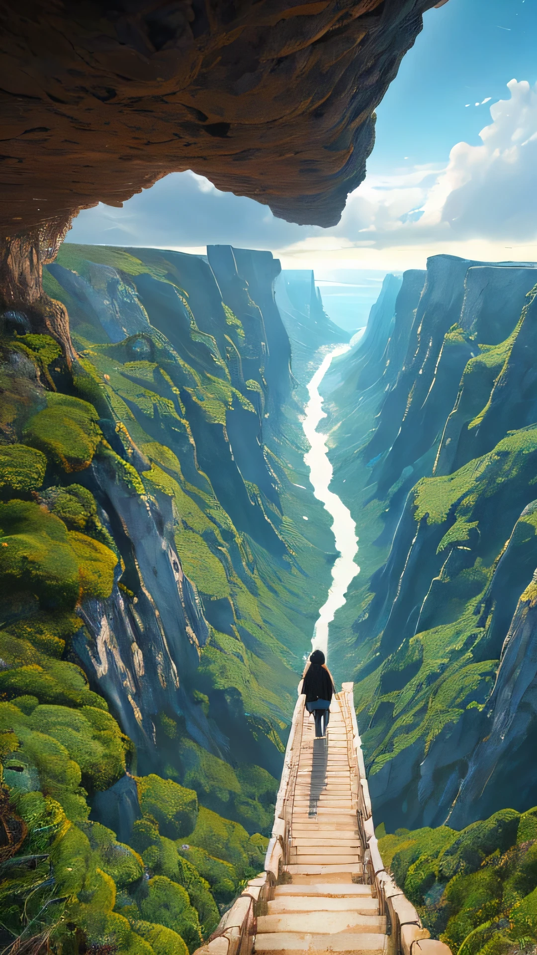 surreal illustration , otherworldly, extreme close up、feet、A strong first step、jeans、hiking boots、from the back、(from below:1.8)、Focus on shoes、To the unknown world,very detailed and magical lighting,  detailed sea, landscape, Beautiful and rugged roads with beautiful lighting and realistic proportions, Looks like a movie background, 8K, highest quality, masterpiece,