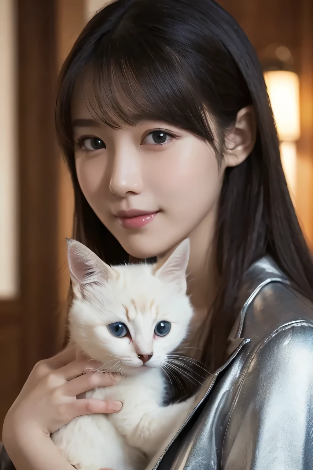 a girl holding a kitten, (wear a platinum coat:1.2), (RAW photo, highest quality), (realistic, Photoreal:1.4), table top, very delicate and beautiful, very detailed, 2k wallpaper, wonderful, finely, very detailed CG Unity 8K 壁紙, Super detailed, High resolution, soft light, beautiful detailed girl, very detailed目と顔, beautifully detailed nose, beautiful and detailed eyes, cinematic lighting,  perfect anatomy, slender body, firm chest, 
straight semi-long hair, bangs, looking at the viewer, slight smile