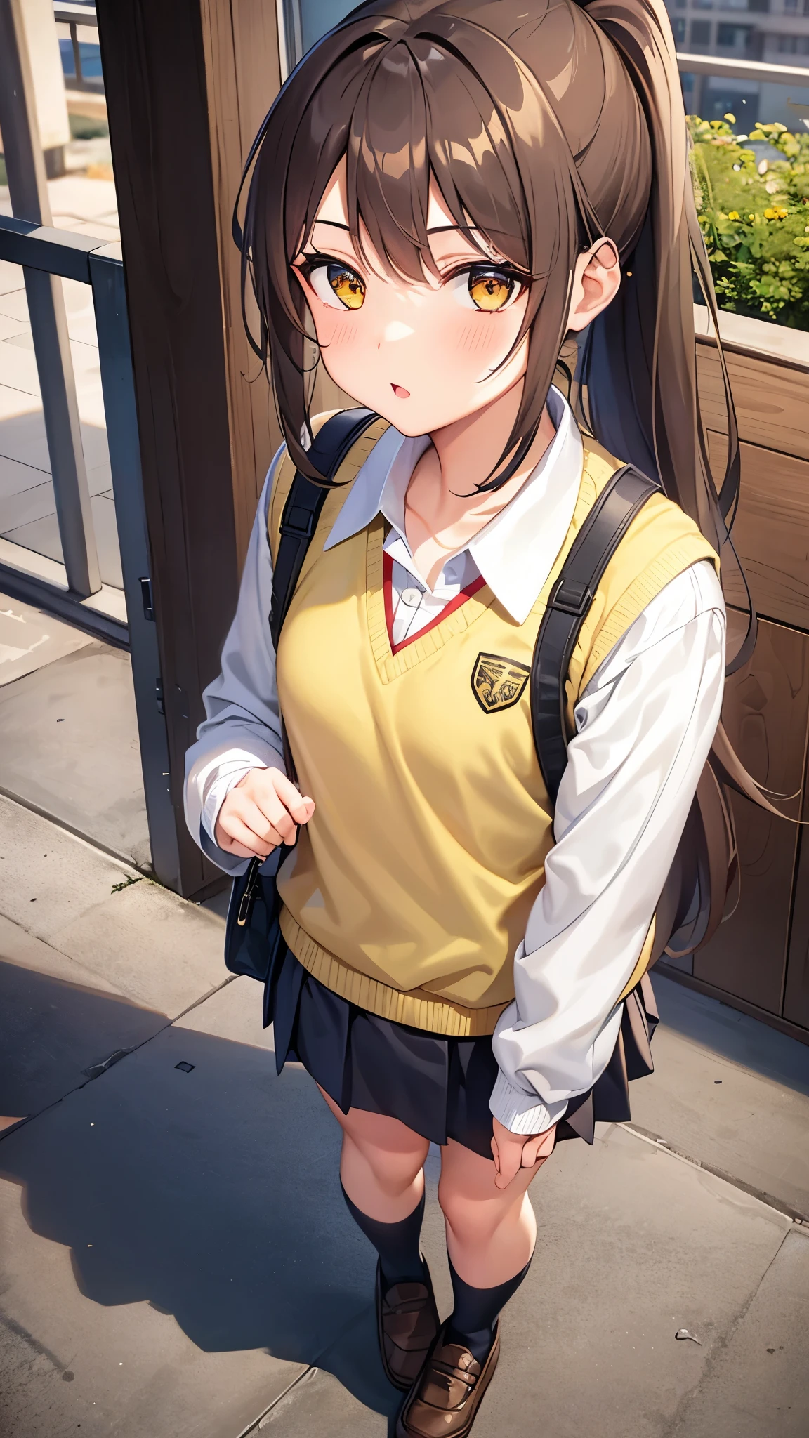 Girl, ponytail hair, brown hair, yellow sapphire eyes, cute girl, hot girl, school uniform, long stocking, socks, school