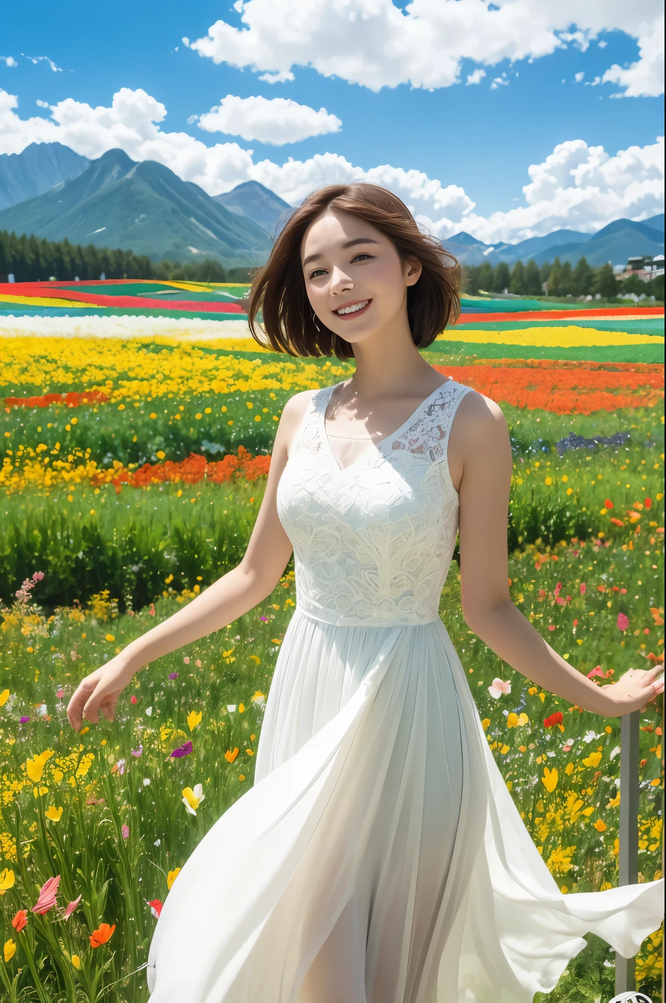 1 Girl, Dynamic Angle, Clouds and Mountains, (Flower Field: 1.4) in the foreground, White dress, Light tracing, (Floating Colorful Wind: 1) (Realistic: 1.4), Official Art, Unity 8k wallpaper, Ultra detailed, Beautiful and beautiful, Masterpiece, Best Quality, Glow Skin, Movie Lighting, Light Smile