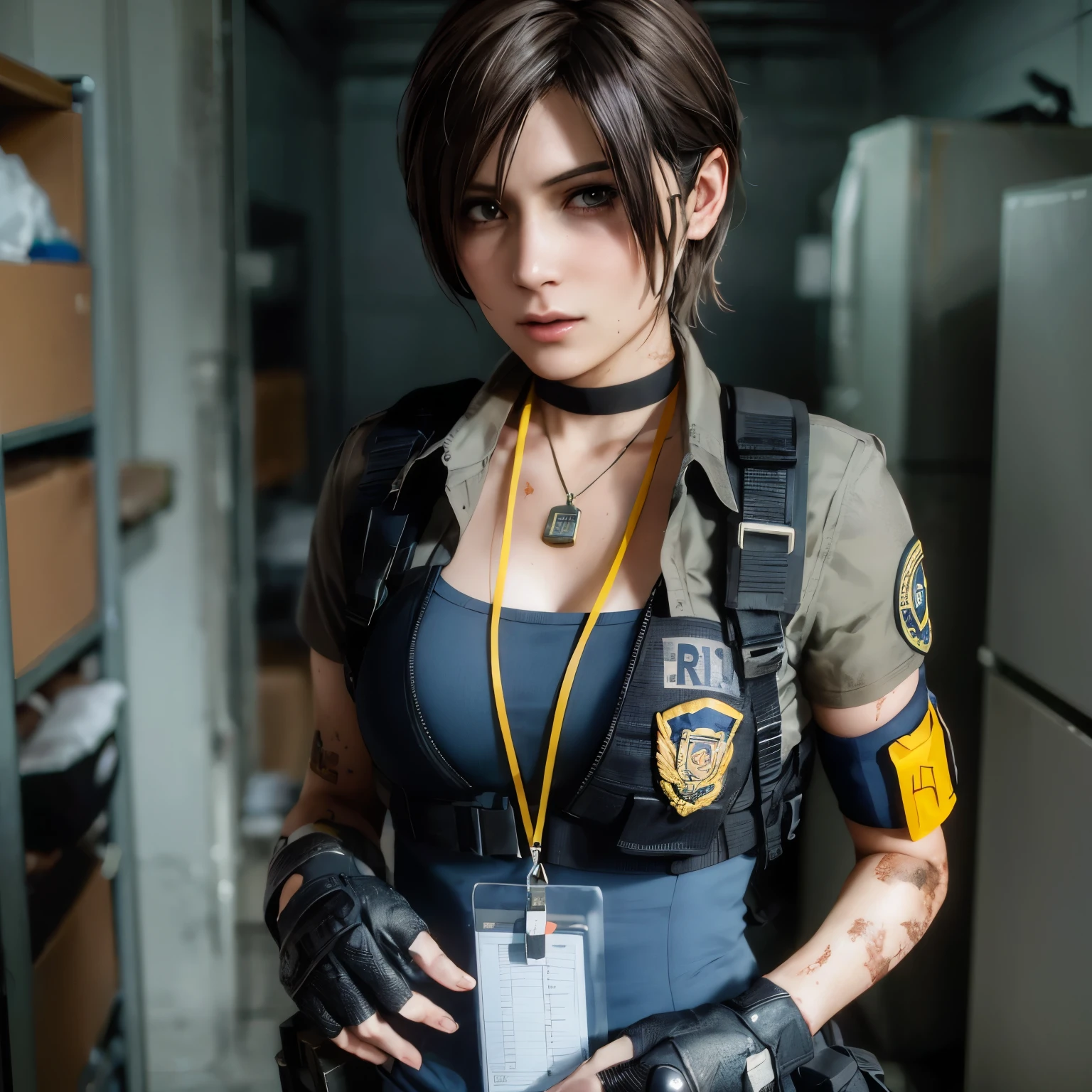 there is a woman in uniform holding a badge and a cell phone, Resident Evil inspired, silent due to solid metal gear, La glamorosa Jill Valentine, Resident Evil, silent due to solid metal gear v, protagonista femenina 👀 :8, cosplay profesional, inspirado en Leng Mei, cosplay realista, cosplay completo, Yayoi Kasuma, makoto shinka, Also