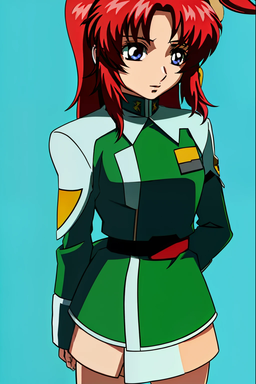 Anime girl with red hair wearing a green and white uniform, lady palutena, Boromir of 80 years\'s anime world, Gainax anime style, Makoto, Inspired by Leiko Ikemura, kakyoin, shinkai Makoto, Inspired by Rei Kamoi, with shoulder pads, rogue anime girl, fubuki