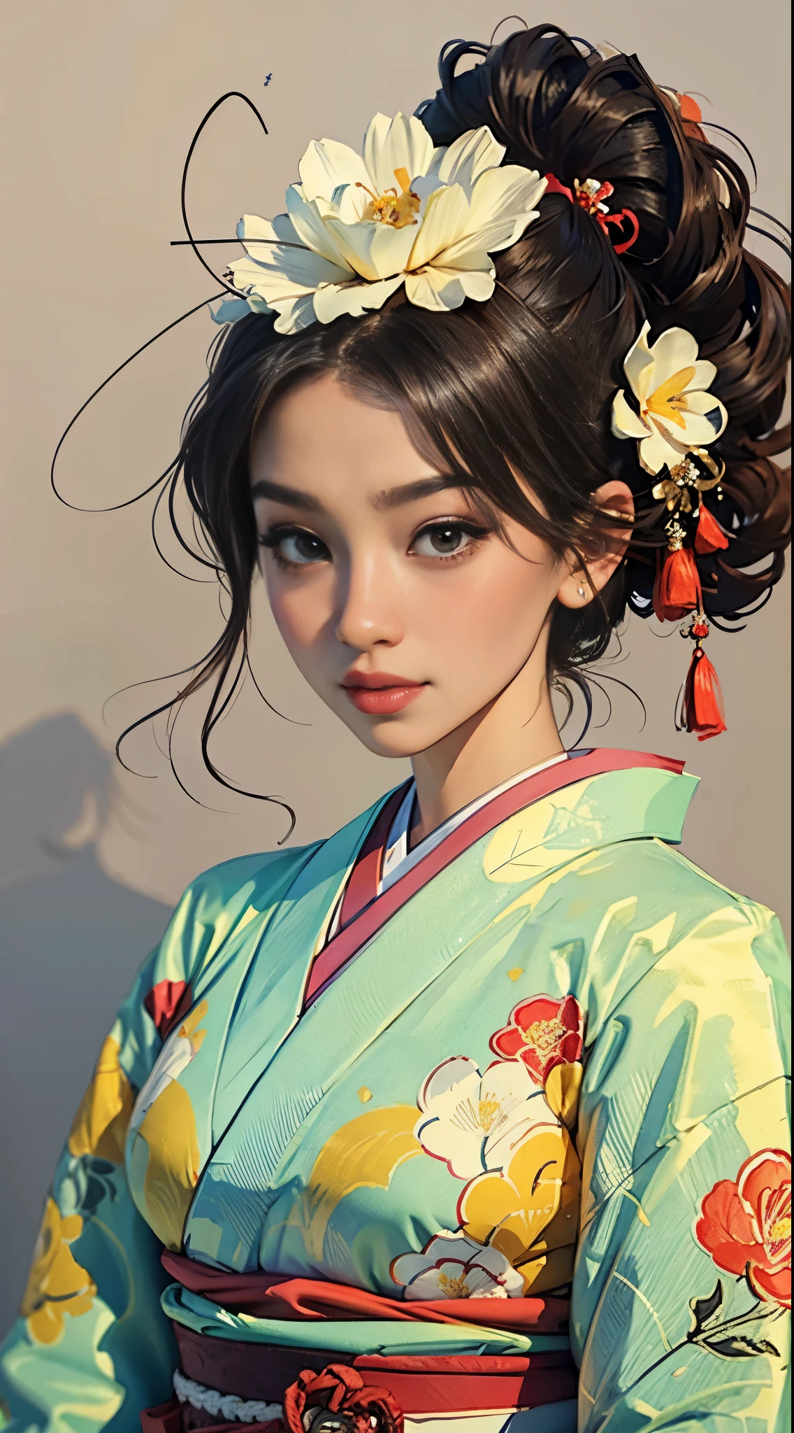 8K, top-quality, hight resolution, Bishoujo 1 25 years old,  Flower steamed buns,A slight smil, (traditional Japanese kimono:1.3)、Luxury kimono、no wrinkles at all,watercolor paiting, (Flower hair ornament:1.3)