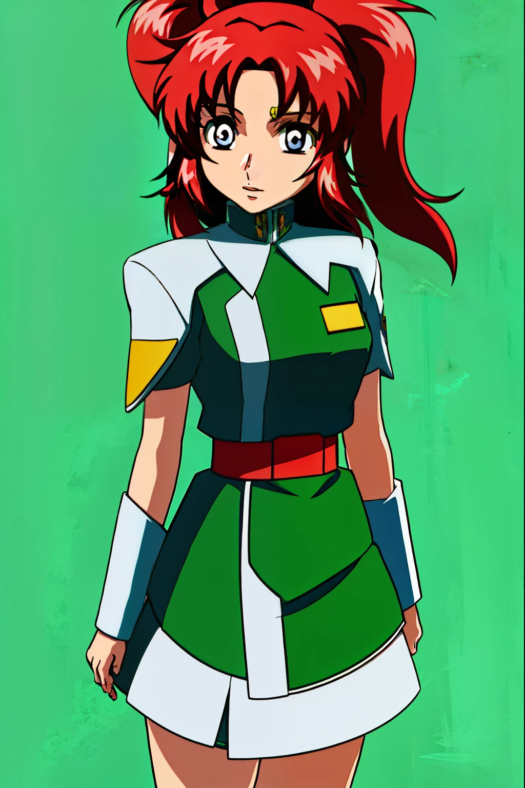 Anime girl with red hair wearing a green and white uniform, lady palutena, Boromir of 80 years\'s anime world, Gainax anime style, Makoto, Inspired by Leiko Ikemura, kakyoin, shinkai Makoto, Inspired by Rei Kamoi, with shoulder pads, rogue anime girl, fubuki