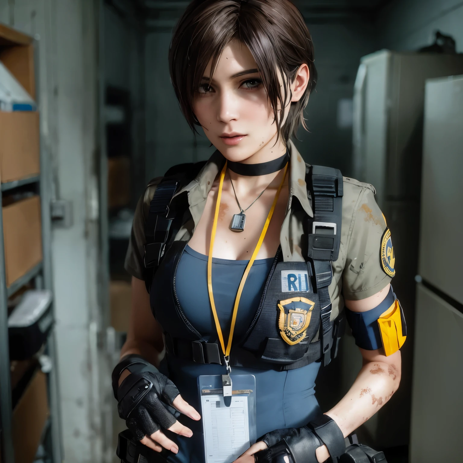 there is a woman in uniform holding a badge and a cell phone, Resident Evil inspired, silent due to solid metal gear, La glamorosa Jill Valentine, Resident Evil, silent due to solid metal gear v, protagonista femenina 👀 :8, cosplay profesional, inspirado en Leng Mei, cosplay realista, cosplay completo, Yayoi Kasuma, makoto shinka, Also