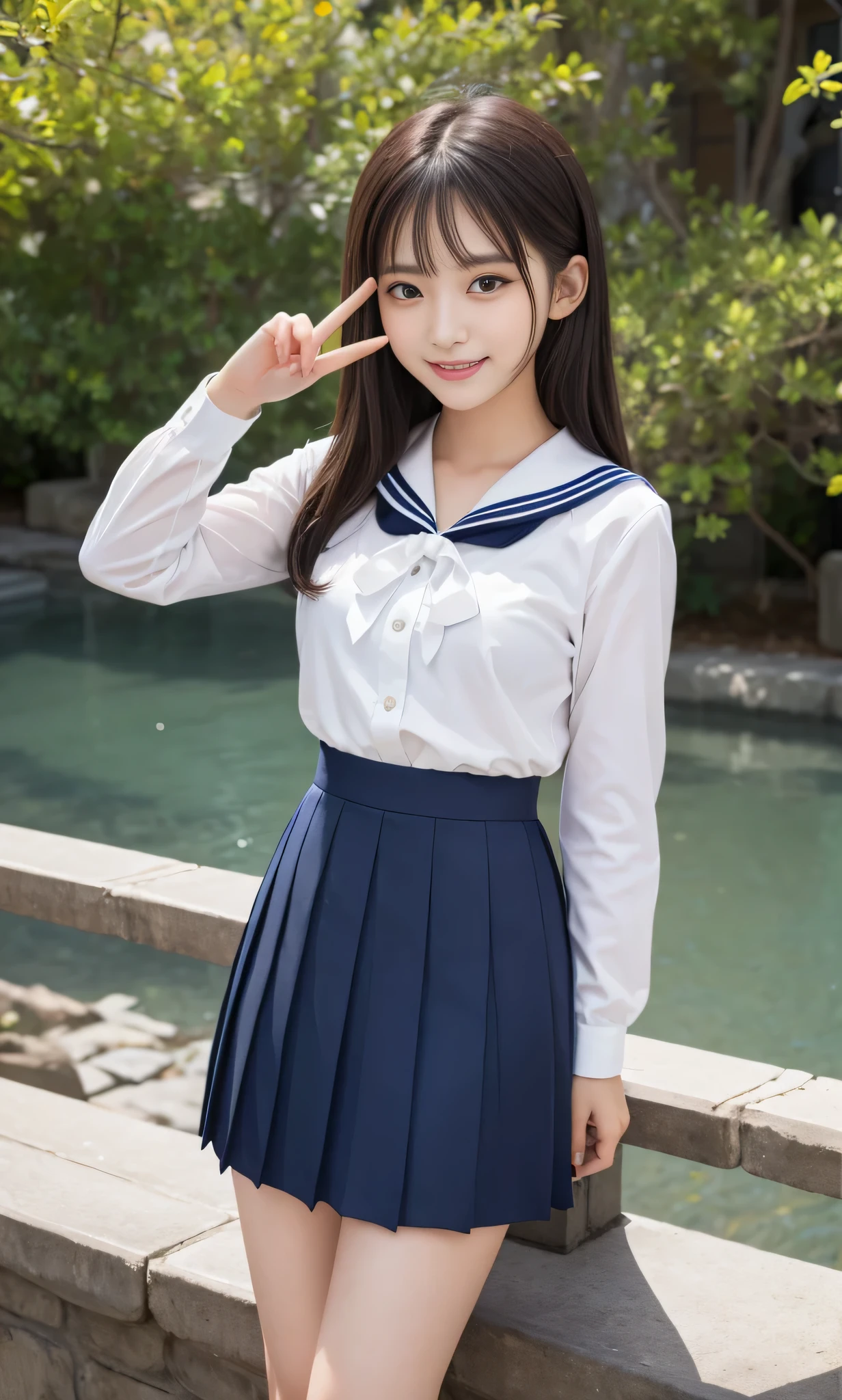 (super highest quality、ultra high resolution、８ｋ、masterpiece:1.3)、beautiful woman with perfect figure:1.4、black hair、school uniform、((sailor suit))、((((((no background)))))、cute、highly detailed face and skin、fine eyes、double eyelid、thin legs、best smile、(((Lonely)))、best smile、extraordinary beauty、Age is 16 years、perfect proportions、（(raise your index finger)）、tilt your face slightly、unparalleled beauty、navy blue skirt、pleated skirt、mini skirt