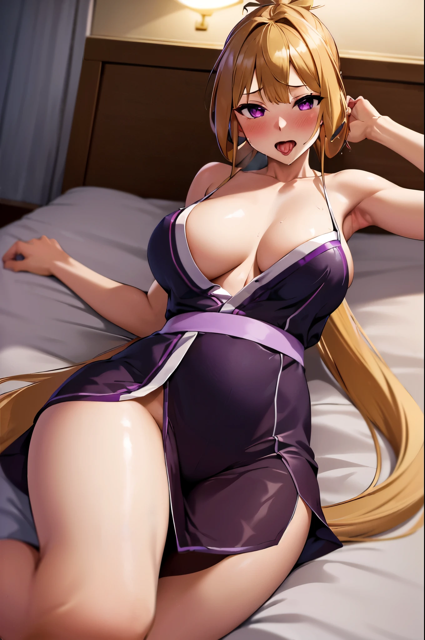 masterpiece, best quality, highres, high_definition, very long hair, a hotel, 1girl, solo, a woman in a sexy dress, sexy pose, blush, bangs, purple eyes, blond hair, ponytail, medium_breasts, sexy, seductive pose, sexy pose, very long hair, Lying in bed, lingerie, sexy lingerie, yukata, touching breast, blush, blushed, arms behind head, open mouth, tongue out, saliva,