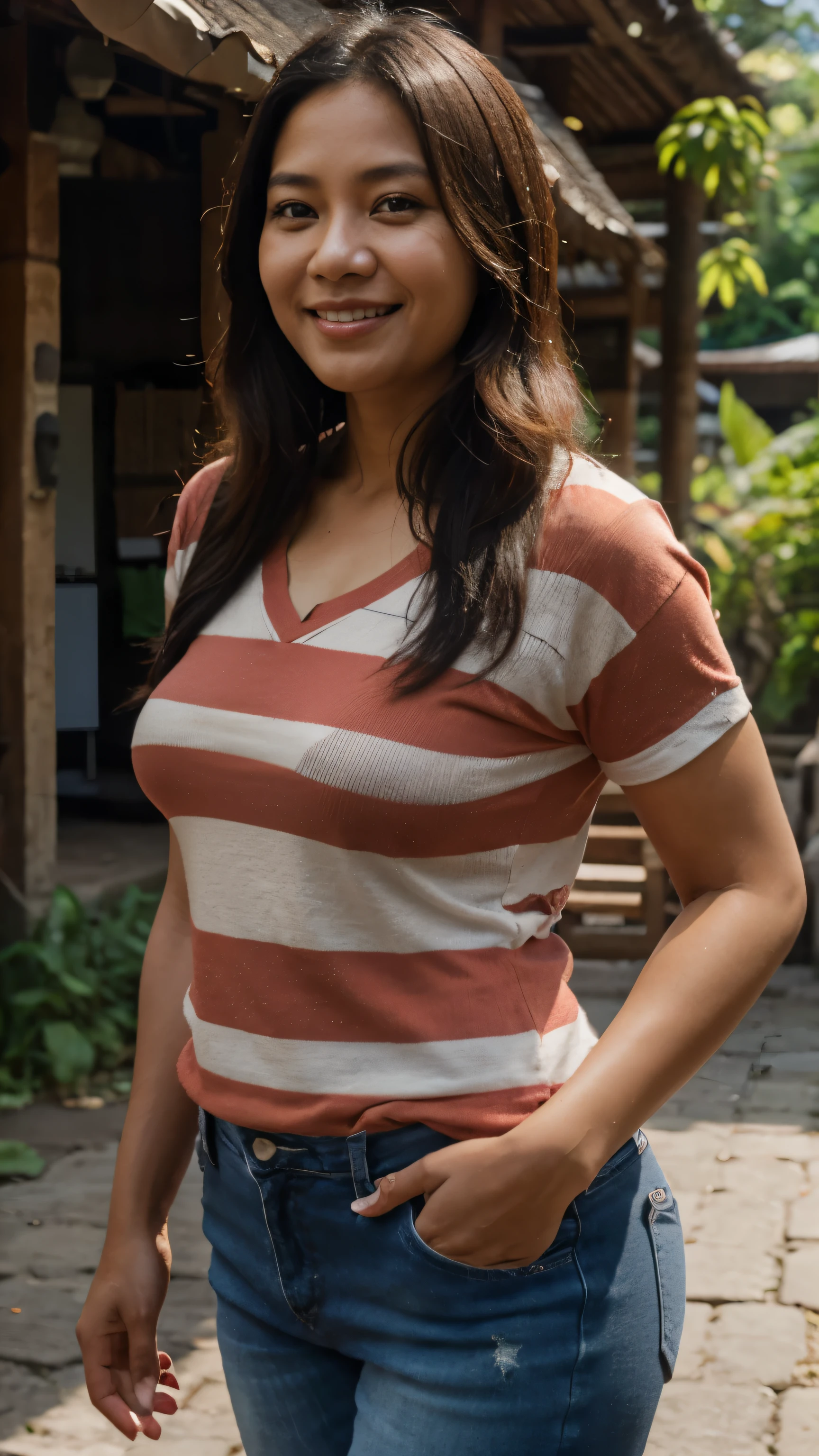 RAW photo, 40 year old Indonesian woman, fat, wearing a loose red striped t-shirt, short jeans, happy smile, outdoors, morning sun.