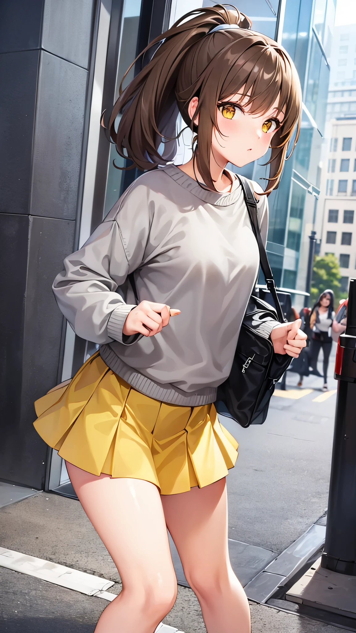 Girl, ponytail hair, brown hair, yellow sapphire eyes, cute girl, hot girl, grey sweater, mini skirt, sneakers, city 