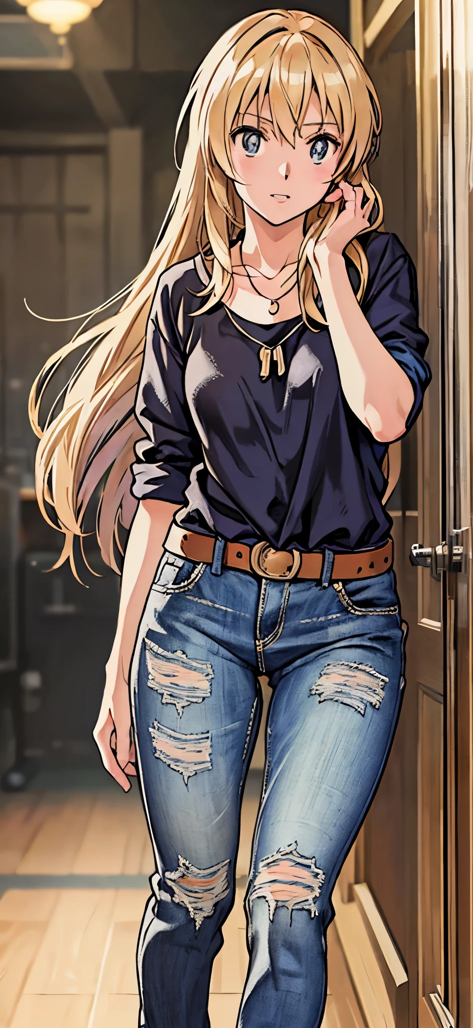 (highest quality,4K,8K,High resolution,table top:1.2), Super detailed, (realistic,photorealistic,photo-realistic:1.37), ((full body)),rage, Unfortunate,((blonde hair)), ((long hair)),black camisole, damaged denim jeans,necklace,((play the guitar)),((sing a song)),beautiful and detailed eyes, beautiful detailed lips, highly detailed eyes and face, long eyelashes, realistic anime 3D style, Smooth anime CG art, Digital rendering by Makoto Shinkai, Moe anime art style, photorealistic rendering of an anime girl, Shinkai Makoto style, Cute anime girl visuals, realistic young anime girl, girl fan art, Created by Anime Artist&#39;studio of.