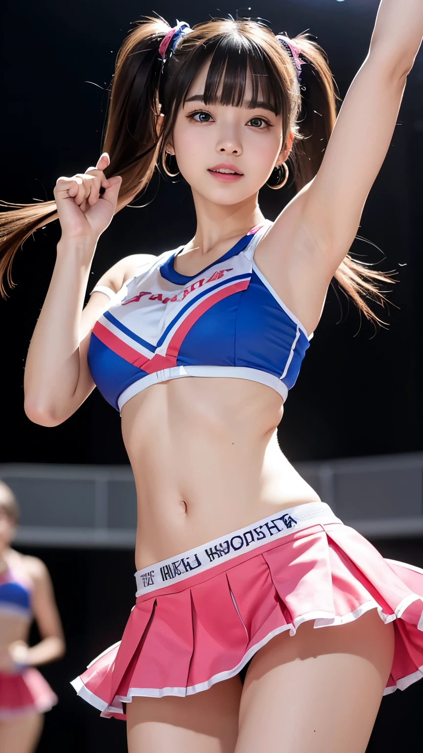 (8K, RAW photo, highest quality, masterpiece: 1.2), Super detailed, super resolution, (genuine, genuine photos: 1.37), portrait, High-definition RAW color photo, professional photos, 非常に詳細で美new, very detailed, 8k wallpaper, amazing details, huge file size, official art, very detailed CG Unity 8k wallpaper, very detailed beautiful girls, very detailed facesHighly detailed eyes, Very fine skin, very detailed fingers, very small nose, very detailed detailed mouth, perfect anatomy, detailed background, Fine clothes,20th generation, cute girl, genuineistic body, white skin, glowing skin, (dull bangs: 1.2), smile, cute, like々new, cute face, genuineistic face, delicate eyes, sagging eyes, (Super miniskirt cheerleader costume), earrings, looking at camera, dynamic lighting, G cup breasts,big breasts、I can see your pants、panty shot、transparent、It's a bellybutton、baseball Ground、dynamic dancing pose、twin tails