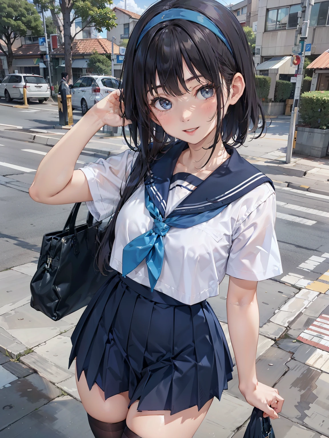 sailor suit, one woman, (a beauty woman, delicate :1.3), black hair, semi straight hair, Bangs Patsun, 8K, highest quality, masterpiece, Super detailed, ultra high resolution, realistic, RAW photo, absolute resolution, small face compared to body (5:1), very small face (5:1), The face is balanced, black hair, sailor suit, Dark blue skirt, realistic女子高生, ((white headband)), small breasts, tall, slanted eyes, light blue eyes, (In front of the school gate), (black stockings), open your mouth, smile, position looking down from above, stand, hold a bag with both hands,