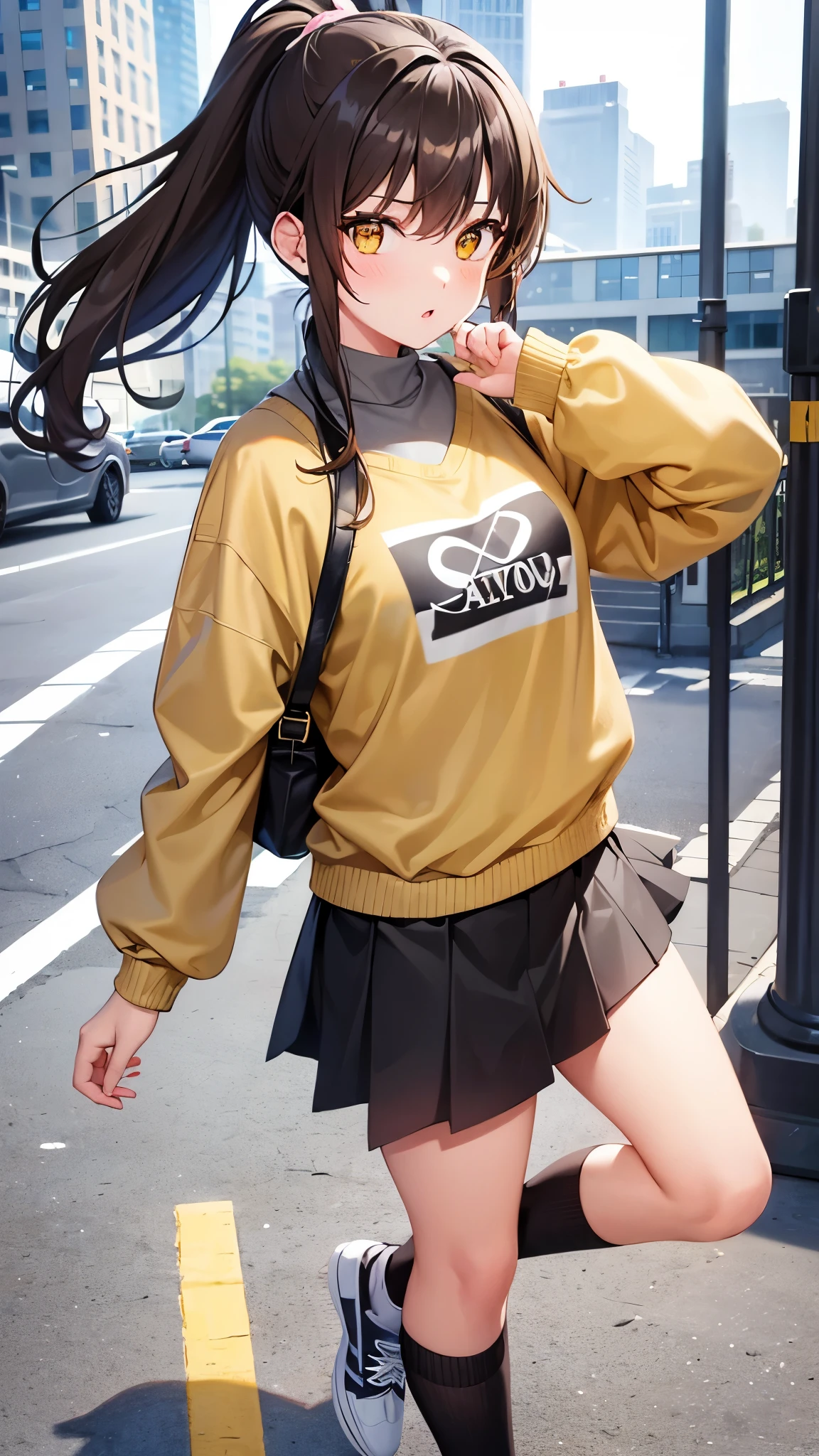 Girl, ponytail hair, brown hair, yellow sapphire eyes, cute girl, hot girl, grey sweater, black mini skirt, sneakers, city