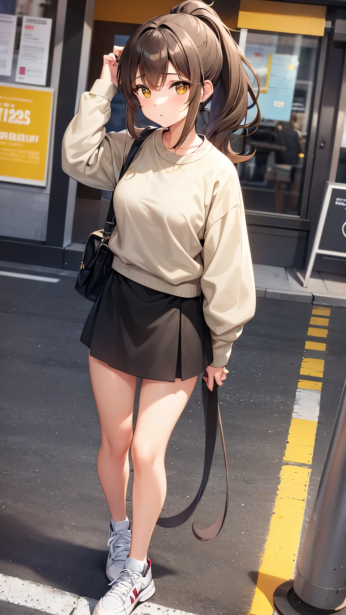 Girl, ponytail hair, brown hair, yellow sapphire eyes, cute girl, hot girl, grey sweater, black mini skirt, sneakers, city