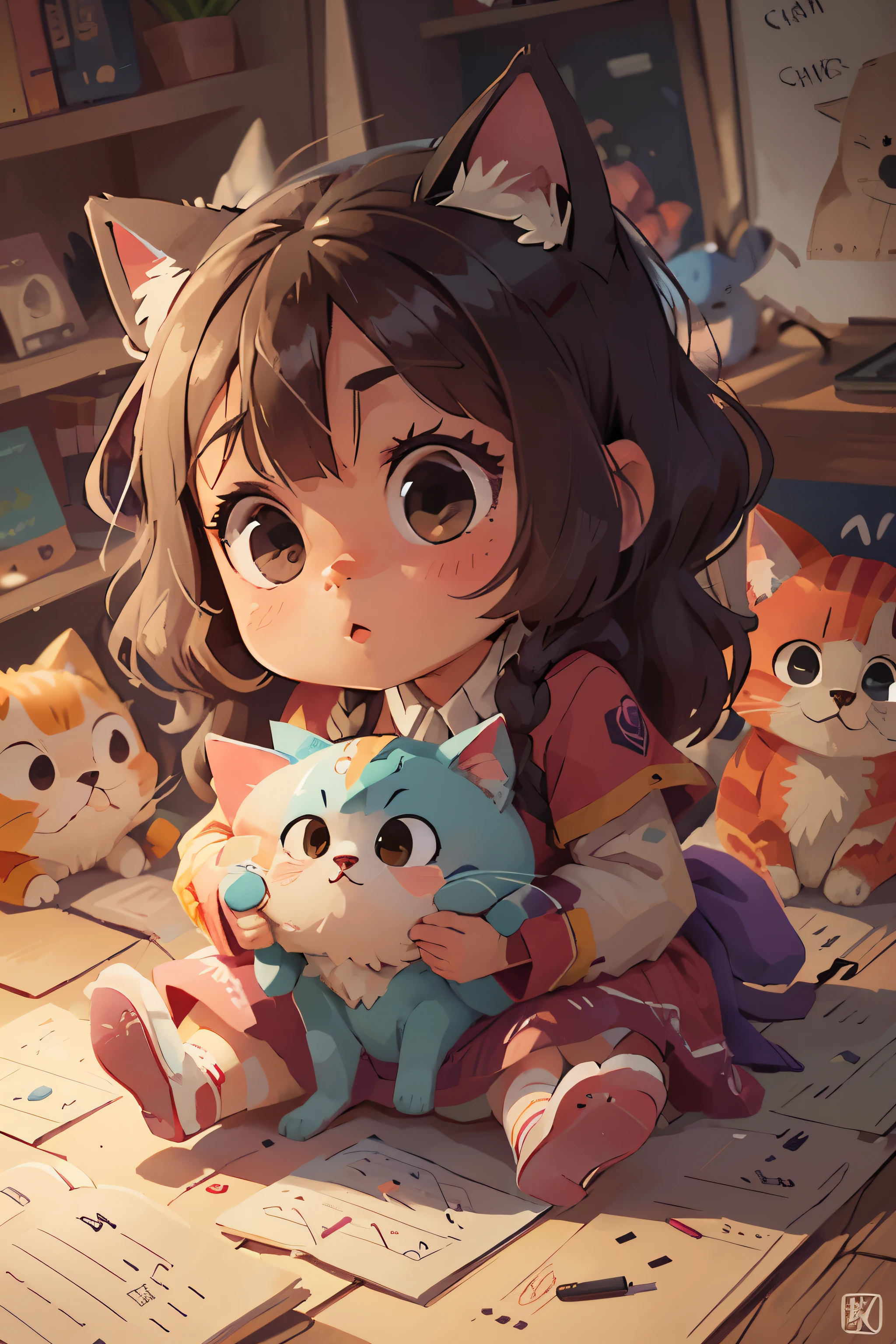a bit, Cat, cute, ピンクのCat姫, big badejo, whole body, masterpiece, 3D rendering, highest quality, lots of details, (plain background), vinyl toy figurine
