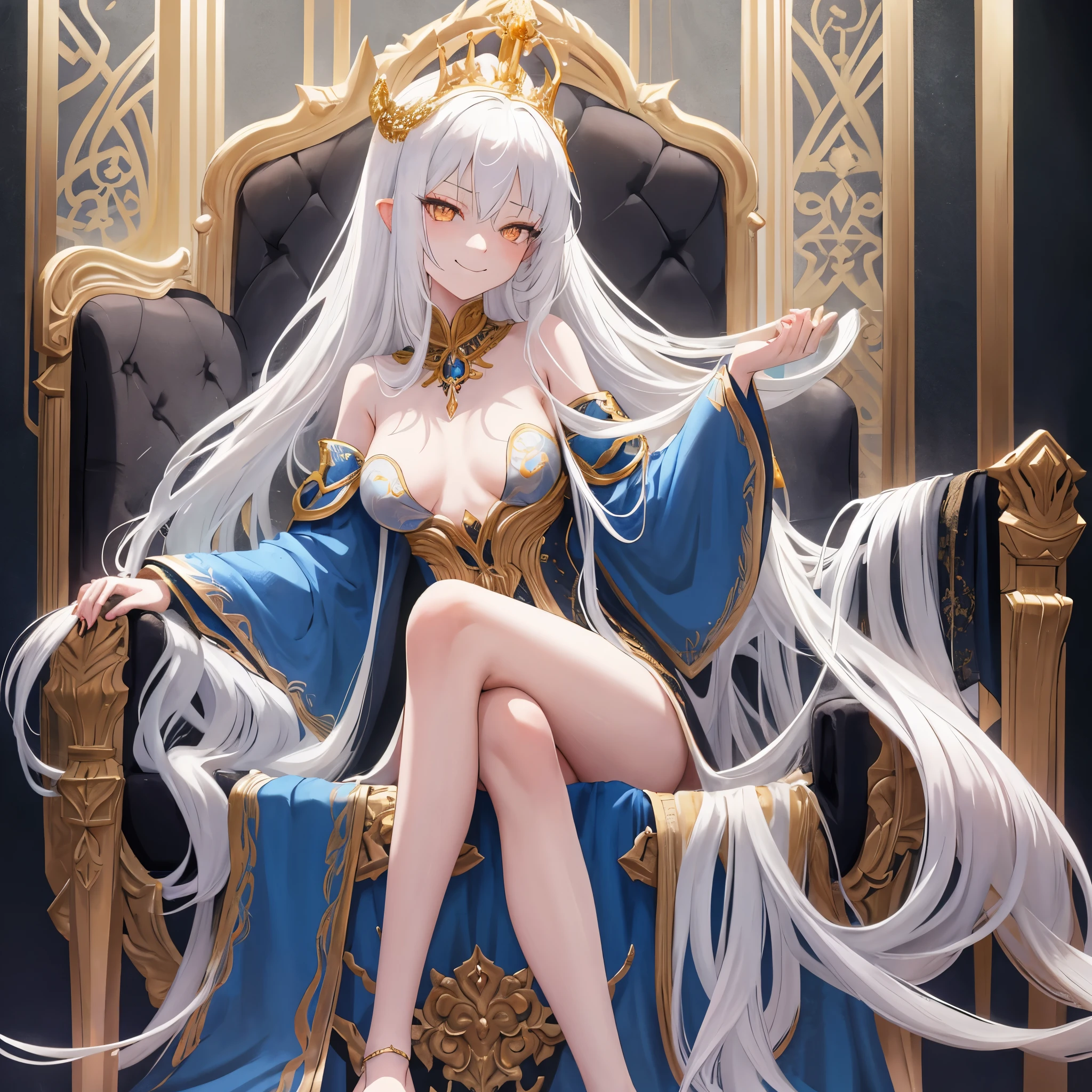 young girl, Long white hair, golden eyes, Blue God Tattoo, smirk, princess dress, small breasts, open breasts, Wide neckline, sitting on the throne, legs crossed, Masterpiece, hiquality, higly detailed, HD, 4k