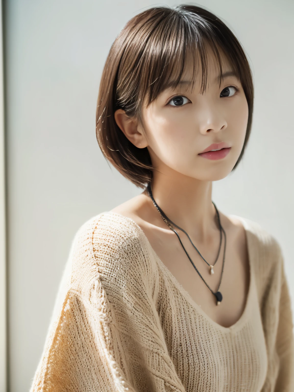 ((masutepiece,top-quality)), (photographrealistic:1.4),(((masutepiece,8K)),white wall,(white room),((full body photo))),shot in natural light,highly detailed face and skin texture,highly detailed lips,correct state of the human body,Superhigh resolution,(Photoreal:1.4),top quality, 1 beautiful woman, 38 years old, s, 60mm lens, Light beige Knit,(medium hair),Japanese woman,(black hair),Versatile poses,looking at the camera,natural lip color, necklace