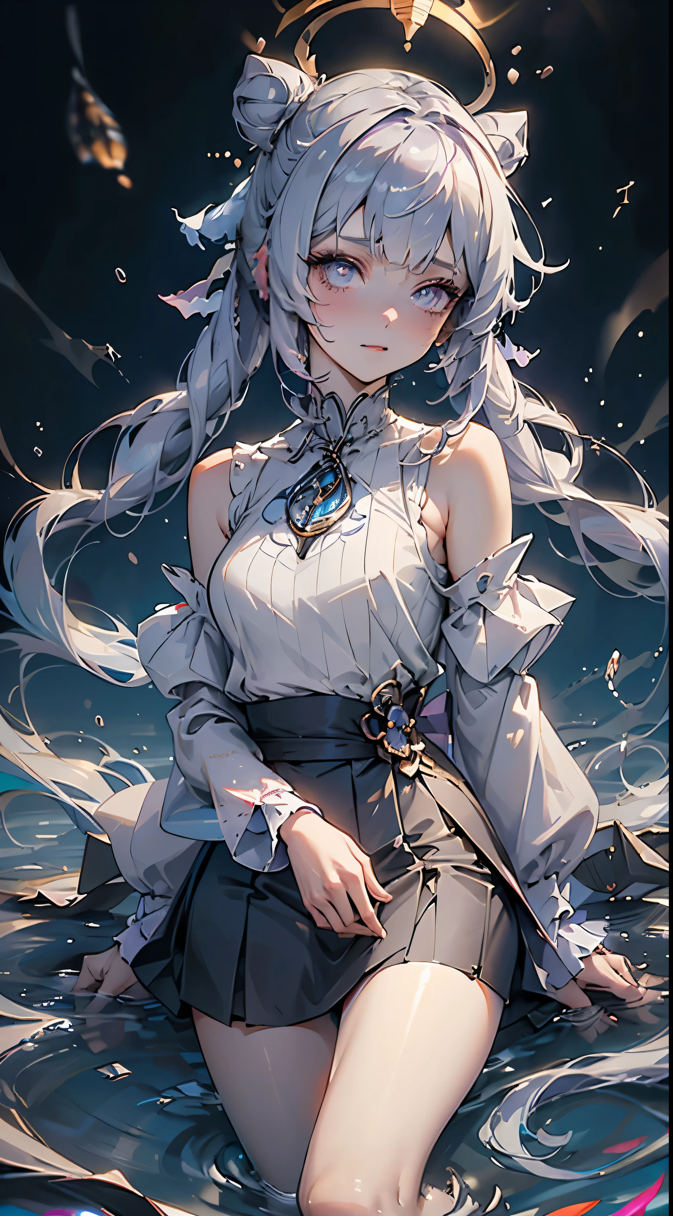 (Realistic style:0.9), masterpiece, 最OK质量, H, looking at the audience, alone, guest secretary (lantern ceremony) (Genshin Impact), guest secretary (Genshin Impact), OK, skirt, scarf, purple sweater, white skirt, purple hair, sweater, double tail, purple eyes, rhomboid pupil, hair accessories, Shoulder, Smile, , cone OK, long white hair, belt, twice as good, long sleeves, through bangs, bow, hair flower, hair bow,ribbon, hair ribbon, braid, What about the lattice scarf, What about the lattice, Off the Shoulders