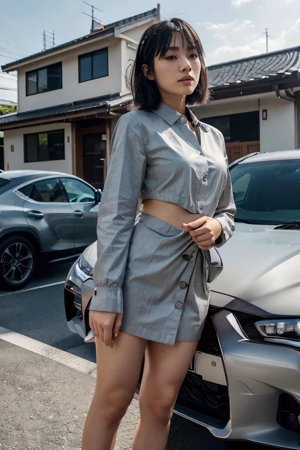 Hand drawn anime art. background is a 2-story simple house situated in Japan's suburbs. On the left is a dark gray Toyota Supra A80. On the right is a metallic gray 2023 Lexus NX450h+. In the middle, 175 cm tall, slim and beautiful Chinese woman, medium-length black hair. Beside her, a Japanese male with light yellowish skin, 185 cm tall with short hair. The male fashion is business wear, the woman is wearing white button-up dress shirt and gray two-piece suit.