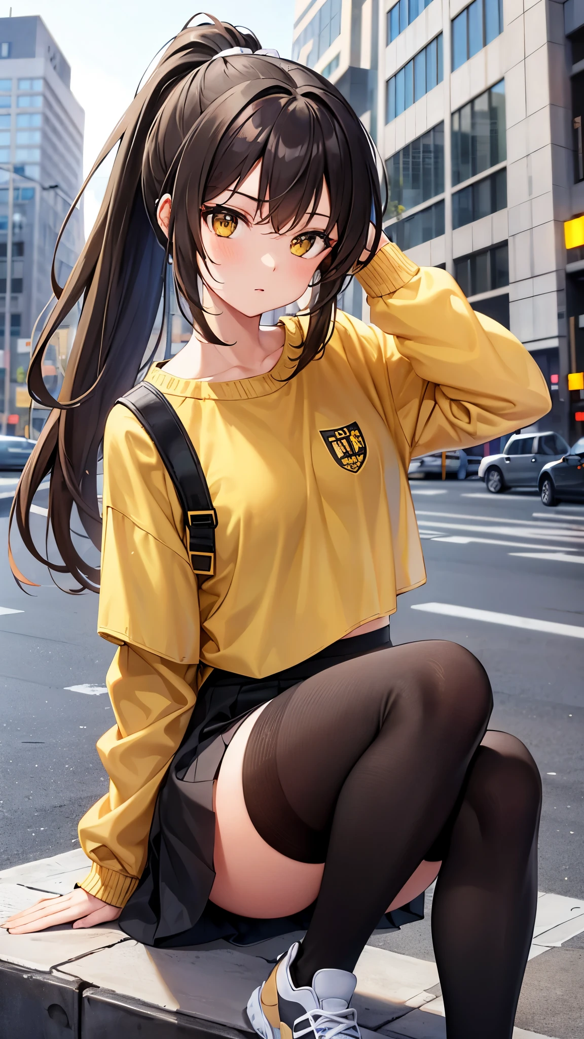 Girl, ponytail hair, brown hair, yellow sapphire eyes, cute girl, hot girl, grey sweater, black mini skirt, sneakers, city