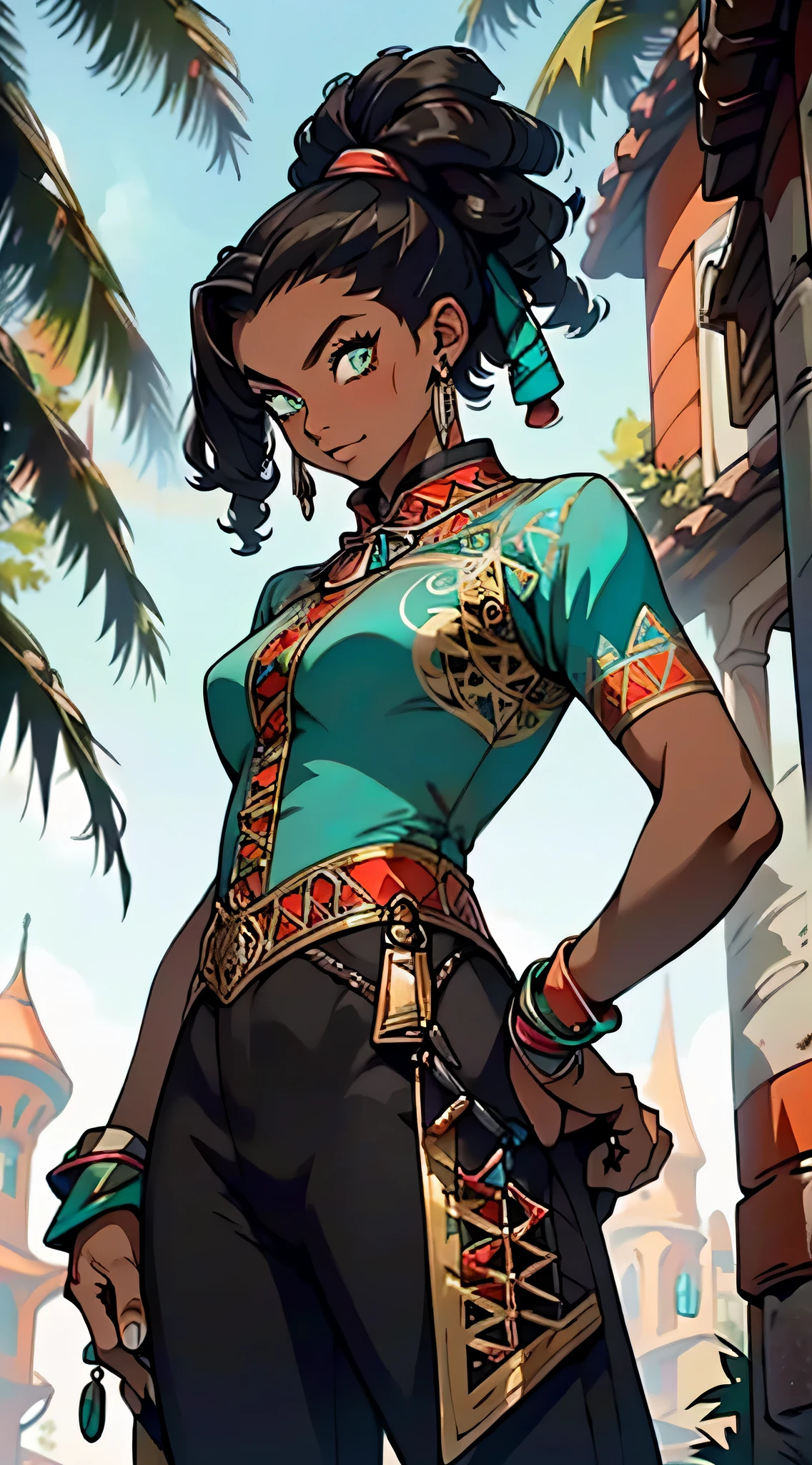 (((turquoise_eyes:1.3))),masterpiece, high res, detailed face, detailed eyes, anime screencap, 1 girl, solo, slender, (((long black tighs))), top tree, top of a branch, lookout, seem from below, standing dark skin. dreadlocks, ponytail, green eyes, green top, ((full body)), outdoors, forest
 bare arms, wristbands, teasing smile, follow me gesture, cowboy shot, outdoors, medieval town, ((((furry edge clothing)))),(arabian jewelry,intricate necklace),(((intricate outfit,intricate clothes,embroidered outfit,ornate outfit))), (dynamic pose:1.0),embarrassed,(centered,scale to fit dimensions,Rule of thirds), inside,indoor,((room in a palace in Arabia)),scenery:1.25,((intricate scenery)),((winter decorations)),Christmas tree, (Glossy winter ornaments),highres,sharp focus,(ultra detailed,extremely detailed),(photorealistic artwork:1.37),(extremely detailed CG unity 8k wallpaper),(((vibrant colors,vibrant theme))),(intricate),(masterpiece),(best quality), ,intricate eyes,beautiful detailed eyes,symmetrical eyes,big eyes:1.5,(((lustrous skin:1.5,bright skin: 1.5,skin tanned,shiny skin,very shiny skin,shiny body,plastic glitter skin,exaggerated shiny skin,illuminated skin))),(detailed body,(detailed face)), cute,slutty,erotic,daring,(nsfw),