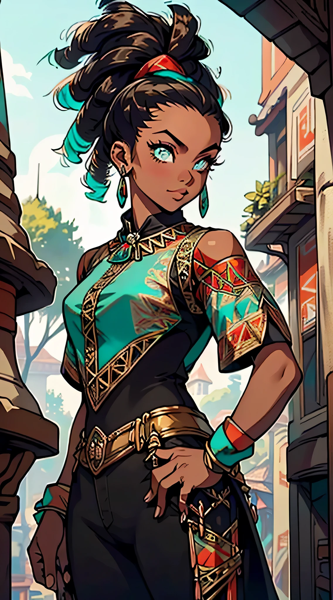(((turquoise_eyes:1.3))),masterpiece, high res, detailed face, detailed eyes, anime screencap, 1 girl, solo, slender, (((long black tighs))), top tree, top of a branch, lookout, seem from below, standing dark skin. dreadlocks, ponytail, green eyes, green top, ((full body)), outdoors, forest
 bare arms, wristbands, teasing smile, follow me gesture, cowboy shot, outdoors, medieval town, ((((furry edge clothing)))),(arabian jewelry,intricate necklace),(((intricate outfit,intricate clothes,embroidered outfit,ornate outfit))), (dynamic pose:1.0),embarrassed,(centered,scale to fit dimensions,Rule of thirds), inside,indoor,((room in a palace in Arabia)),scenery:1.25,((intricate scenery)),((winter decorations)),Christmas tree, (Glossy winter ornaments),highres,sharp focus,(ultra detailed,extremely detailed),(photorealistic artwork:1.37),(extremely detailed CG unity 8k wallpaper),(((vibrant colors,vibrant theme))),(intricate),(masterpiece),(best quality), ,intricate eyes,beautiful detailed eyes,symmetrical eyes,big eyes:1.5,(((lustrous skin:1.5,bright skin: 1.5,skin tanned,shiny skin,very shiny skin,shiny body,plastic glitter skin,exaggerated shiny skin,illuminated skin))),(detailed body,(detailed face)), cute,slutty,erotic,daring,(nsfw),
