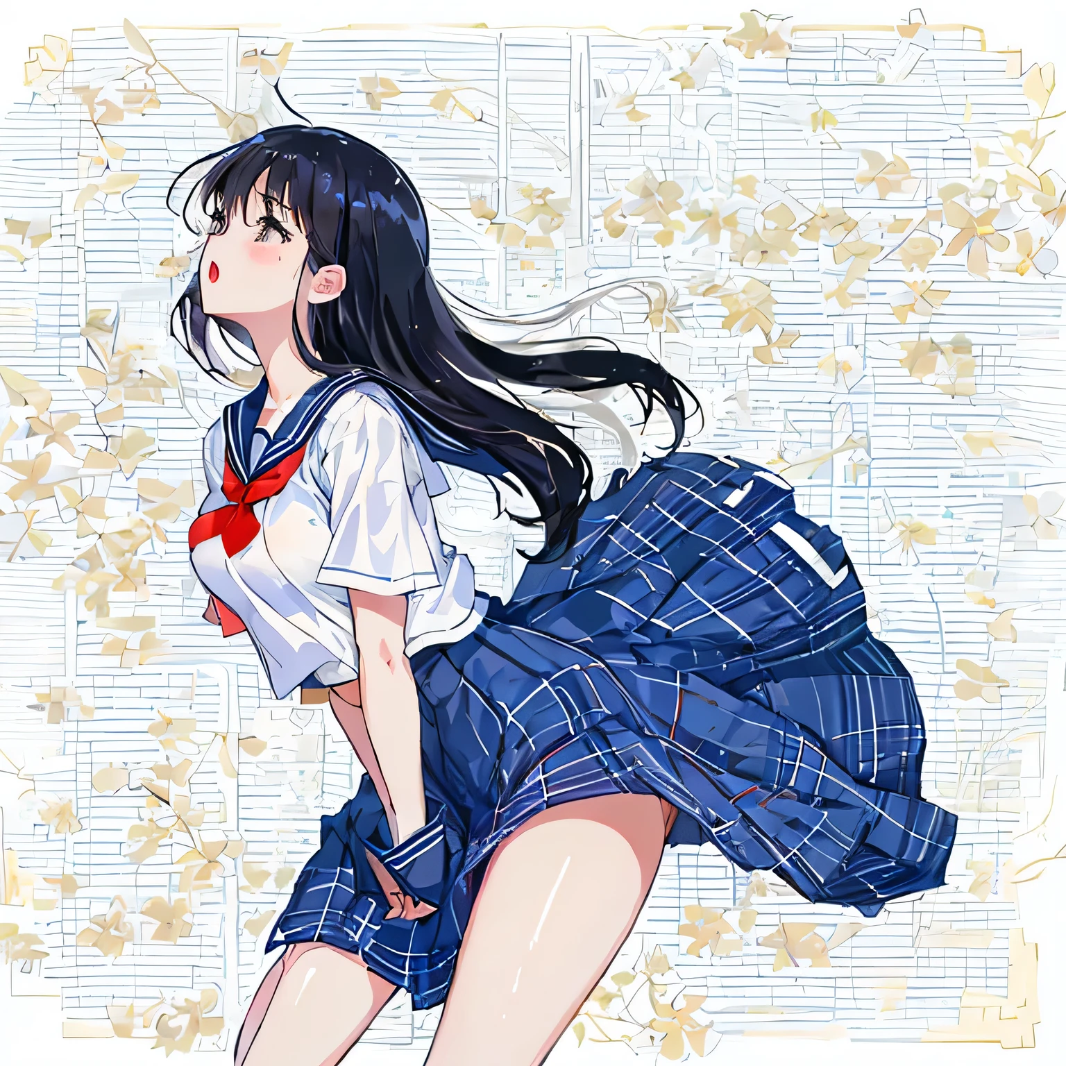white background,masterpiece, highest quality,figure,sailor suit,slanted eyes,straight hair,silver hair,side part,super dense skin,beautiful and fine eyes,short sleeve shirt,light brown eyes,(big breasts:1.1), (A raised and well-defined bust:1.1), (lifted chest:1.2), (perky chest :1.1),high school girl,please sit down,high socks,loafers,surprise,blush,open your mouth,The wind is blowing,schoolyard,look away,