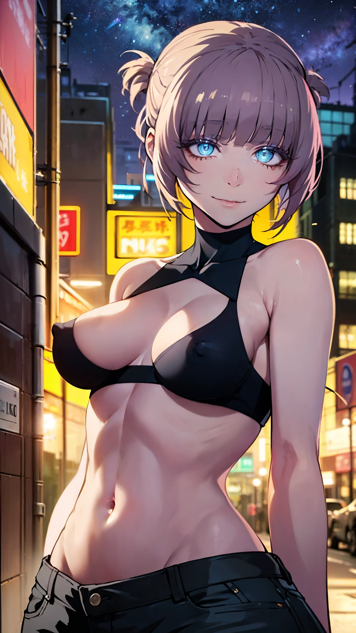 Nanakusa nazuna (Call of the night), Fleshy thighs, Instagram pose,Dynamic angle, Show armpits, ((Croptop, Underboobs)), Nipples, C cup, Happy expression, (Entire body image:1.5), (8K, Best quality, A high resolution:1.35), (RAW photo:1.2), (Photorealistic:1.37), (Masterpiece: 1.25), Dramatic lighting, Photon maping, Symmetry, Complexity, Elegance, (1 girl), Long eyelashes, Detailed eyelashes, Eye shadows, Glowing eyes, ((Natural makeup, Clear facial features)), ((Curvy build, Showing stomach)), ((Fine detailed beautiful eyes: 1.2)), Bad girl, Erotic, ((City background, Night))