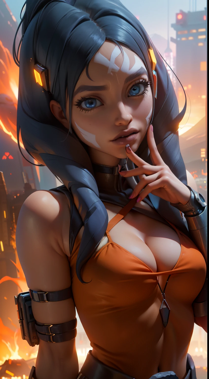 (masterpiece, La Best quality, ultra detailed), Asokatano bare chest, (Orange peel:1.2), Blue eyes, draw up, (blue shirt:1.2), thigh armor,(background giant stones volcano colors:1.4),(portrait shot, Upper body), Looking at the viewer,,More detailed 8K.unreal engine:1.4,UHD,La Best quality:1.4, photorealistic:1.4, skin texture:1.4, masterpiece:1.8,masterpiece, Best quality,Object], (detailed facial features:1.3),(Красивые Blue eyes), (Detailed beautiful fingers),(perfect anatomy),sexy pink underwear,(background city Tokyo cyberpunkAI colors:1.4) ,(Associated sexy),Clone Wars Ciudad,