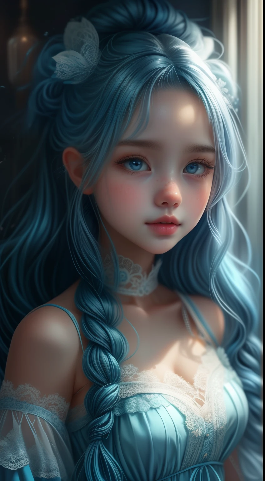 (1 cute girl), (long blue curly hair), grey eyes, wearing a beautiful baby blue lace dress. White skin, splat art background, eye_detail, background_detail, face_detail, hair_detail, more_detail, add_detail, add detailed, cute_face,