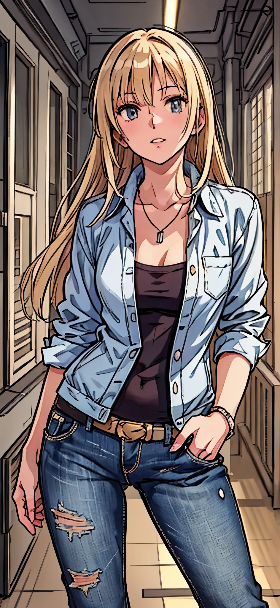 (highest quality,4K,8K,High resolution,table top:1.2), Super detailed, (realistic,photorealistic,photo-realistic:1.37), ((full body)),rage, Unfortunate,((blonde hair)), ((long hair)),black camisole, damaged denim jeans,necklace,((playing-the-guitar)),((sing-a-song)),beautiful and detailed eyes, beautiful detailed lips, highly detailed eyes and face, long eyelashes, realistic anime 3D style, Smooth anime CG art, Digital rendering by Makoto Shinkai, Moe anime art style, photorealistic rendering of an anime girl, Shinkai Makoto style, Cute anime girl visuals, realistic young anime girl, girl fan art, Created by Anime Artist'studio of.