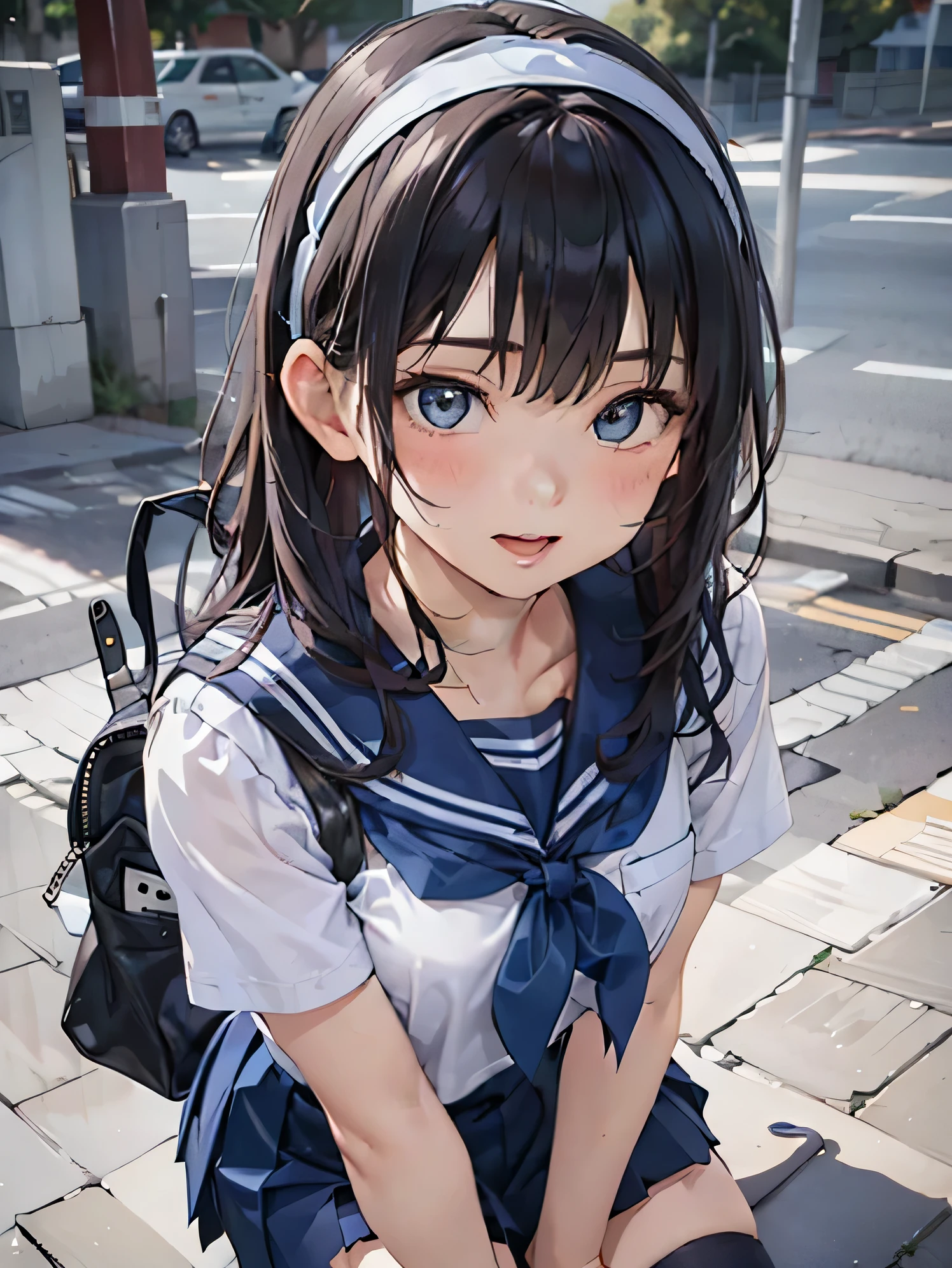 sailor suit, one woman, (beautiful woman, delicate :1.3), black hair, semi straight hair, Bangs Patsun, 8K, highest quality, masterpiece, Super detailed, ultra high resolution, realistic, RAW photo, absolute resolution, face is small compared to body (5:1), very small face (5:1), The face is balanced, black hair, sailor suit, dark blue skirt, realistic女子高生, ((white headband)), small breasts, expensive, slanted eyes, light blue eyes, (in front of the school gate), (black stockings), open your mouth, smile, position looking down from above, stand, Hold the bag with both hands,