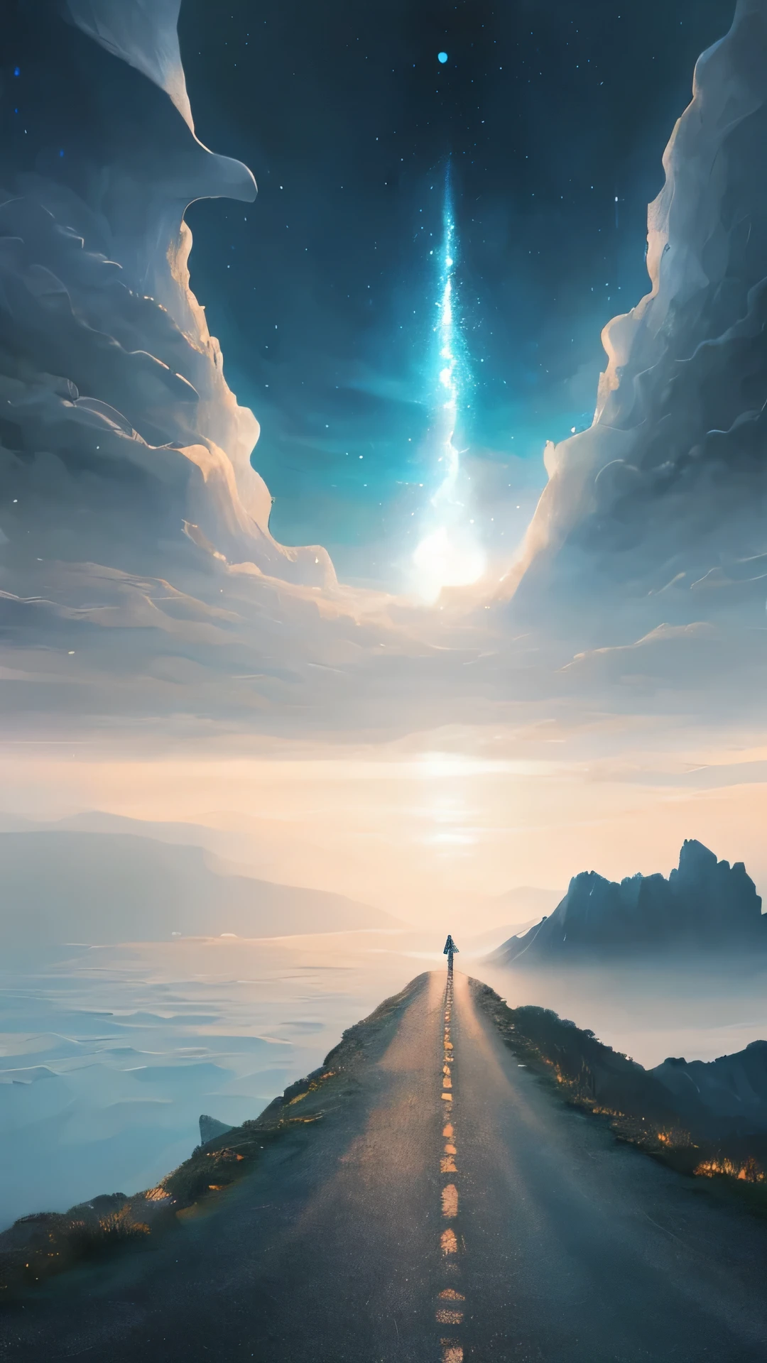surreal illustration , otherworldly, From a journey of 1000 miles per inch、Composition examination、To the unknown world,very detailed and magical lighting, detailed sea, landscape, Beautiful and rugged roads with beautiful lighting and realistic proportions, Looks like a movie background, 8K, highest quality, masterpiece,