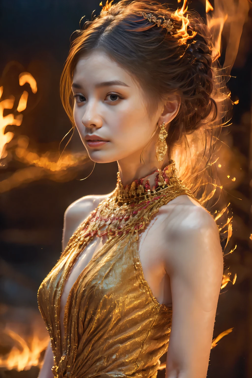 (masterpiece:1.3), (8K), (highest quality:1.4), (UHD:1.2), (realistic:1.3), (Raw photo), (1 girl), (Ultra high definition), (detailed face), very perfect beautiful and cute face, (fine hair), Medium Long Straight Hair, beautiful hair, bangs, (symmetrical eyes:1.3), (fine eyes), (fine skin), realistic skin, shiny skin, ultra high resolution, (medium breasts), (slim body shape), (super model figures), 20 years, Cute young girl in Japan,
( She is wearing a high fashion haute couture long dress with sparkles., dress made of flame particles:1.3, Fiery clothes :1.3 ), earrings, necklace, bracelet,
Walking on the white sand beaches of Okinawa