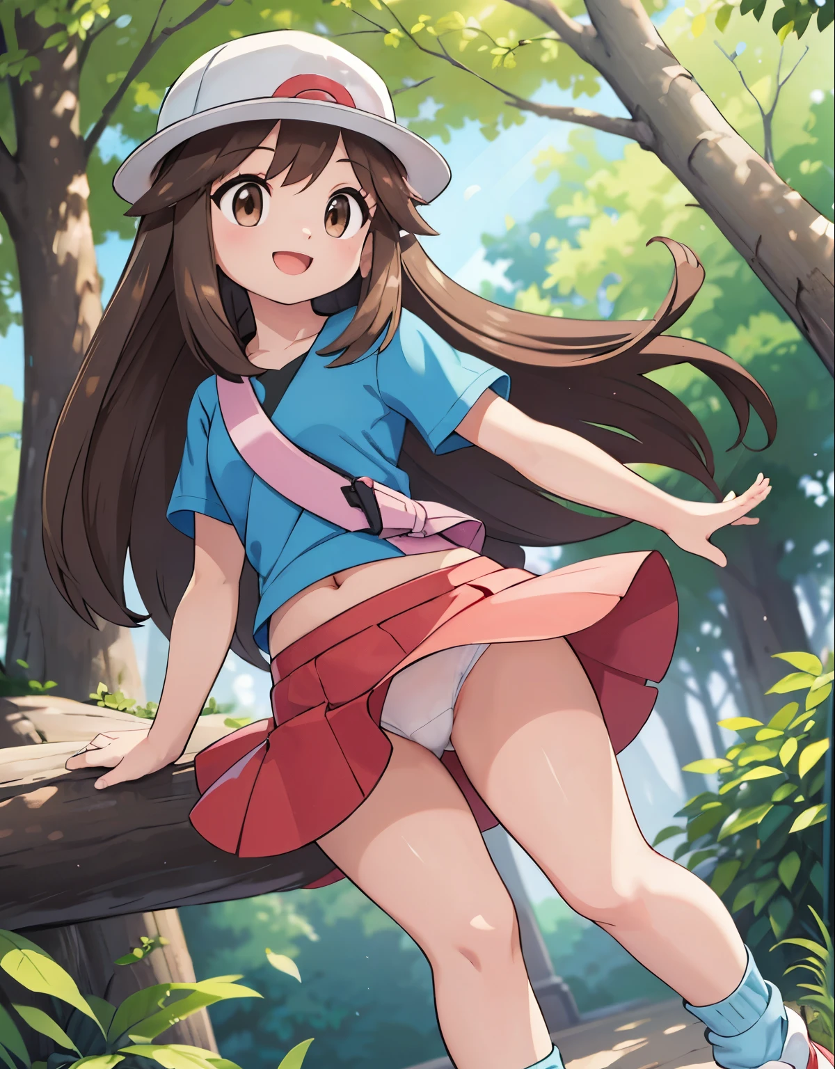 pokemon leaf, leaf, visible thighs, sitting, red skirt, blue shirt, brown eyes, loose socks, white footwear, smile, upskirt, white panties, walking, body shape, chubby thighs, wide hips, long legs, holding a pokeball, visible navel, smile, happy, loved gaze, looking at camera, oil painting, detailed brushstrokes, vibrant colors, shadow and light, high contrast, vivid scenery, textured background, realistic features, flowing hair, intricate details, dynamic pose, natural surroundings, sunlight filtering through trees, peaceful atmosphere, expressive eyes, playful expression, cute and lively, youthful energy, graceful movements, delicate skin texture, intricate patterns on clothing, harmonious color palette, serene and enchanting, (best quality, 4k, highres, masterpiece:1.2), ultra-detailed, realistic:1.37, professional, vivid colors, concept artists style, soft light, vibrant colors, dusty pink color tone