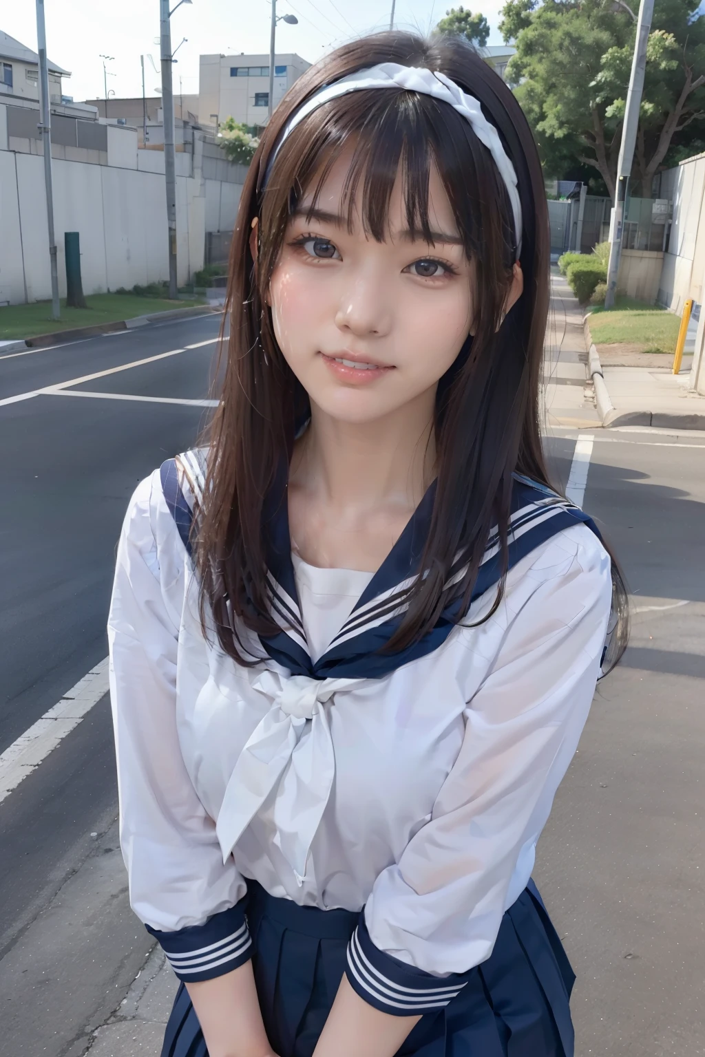 sailor suit, one woman, (a beauty woman, delicate :1.3), black hair, semi straight hair, Bangs Patsun, 8K, highest quality, masterpiece, Super detailed, ultra high resolution, realistic, RAW photo, absolute resolution, small face compared to body (4:1), very small face (4:1), The face is balanced, black hair, navy blue sailor uniform, Dark blue skirt, High school girl in sailor suit, realistic女子高生, ((white headband)), (white headband), small breasts, tall, slanted eyes, light blue eyes, (In front of the school gate), (black stockings), open your mouth, smile,