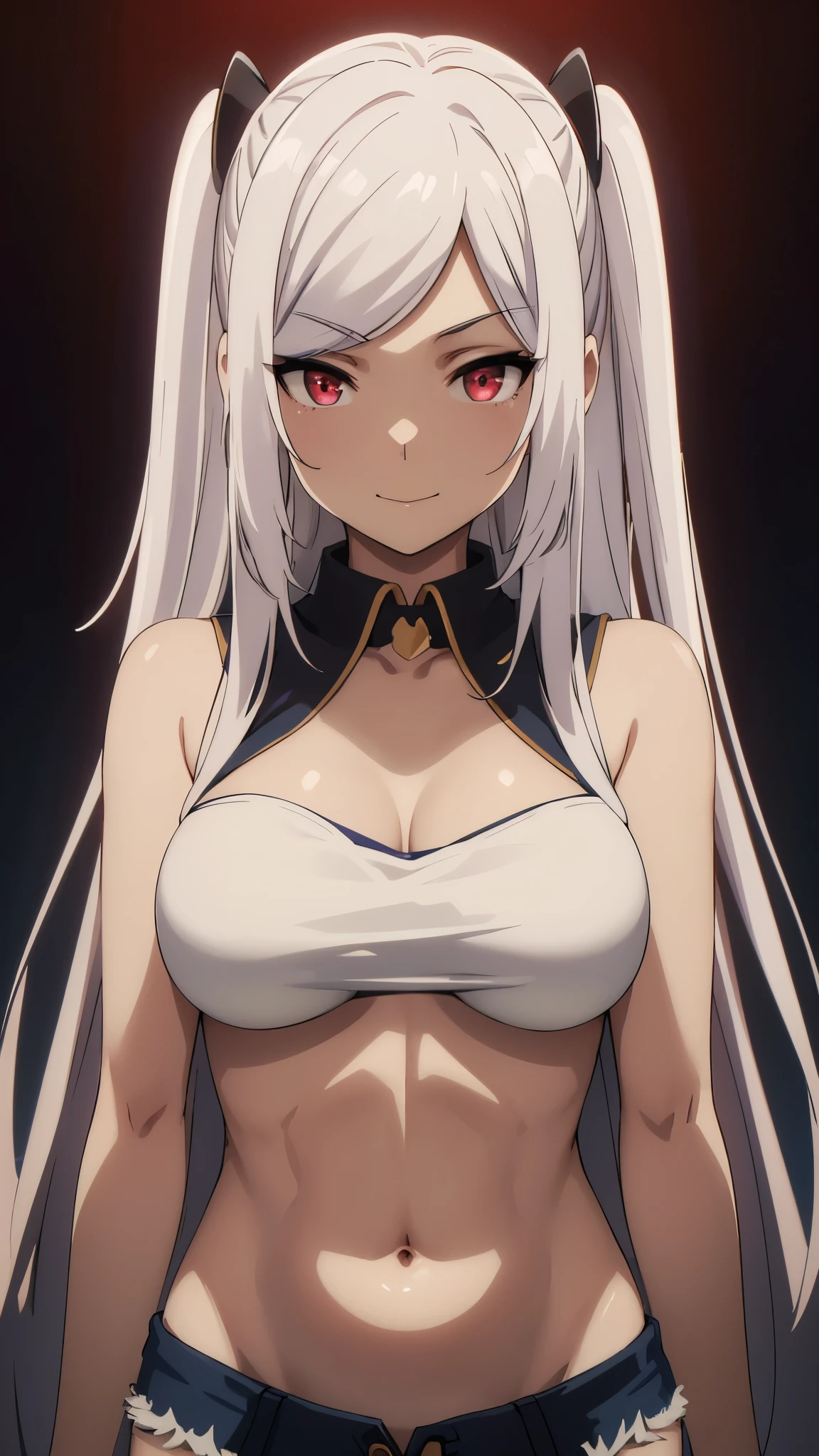 masterpiece, highres, solo, 8k, detailed, perfect face, (ultra high quality), looking viewers, collar bones, medium breast, navel, stomach, belly, armpit, sideboobs, white hair, red eyes, slim body, smile, crop tanktop, white tanktop, denim short, mini short , blush