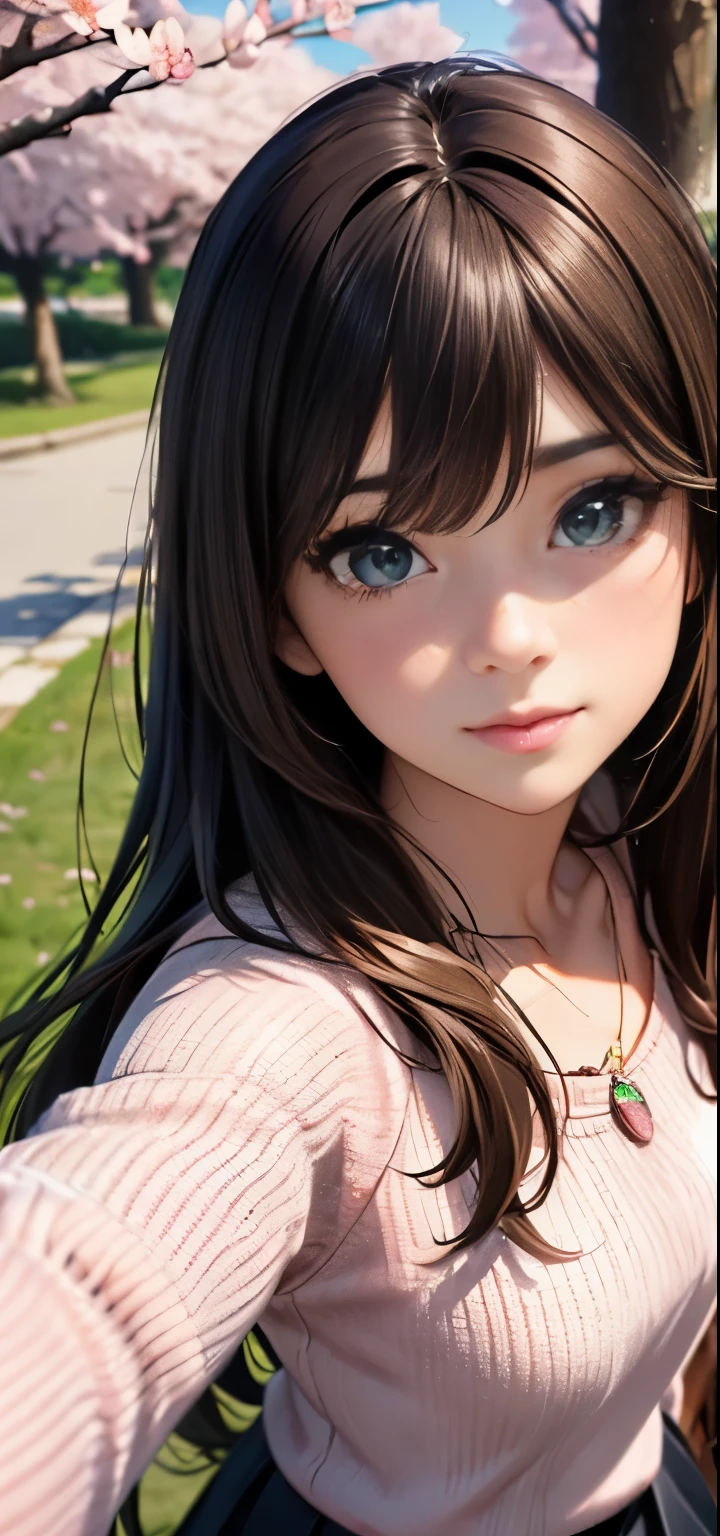 ((table top, highest quality, High resolution, nffsw, perfect pixel, written boundary depth, 4K, nffsw, nffsw))), 1 girl, single, alone, beautiful anime girl, beautiful art style, anime character, ((long hair, bangs, brown hair)), ((green eyes:1.4, round eyes, beautiful eyelashes, realistic eyes)), ((detailed face, blush:1.2)), ((smooth texture:0.75, realistic texture:0.65, realistic:1.1, Anime CG style)), dynamic angle, ((throw, Selfie Pose, portrait)), ((pink sweater, long sleeve, black skirt, plaid skirt, Fashionable, 1 diamond necklace)), smile, amusement park, ((cherry blossoms, cherry blossomsの花が散る))