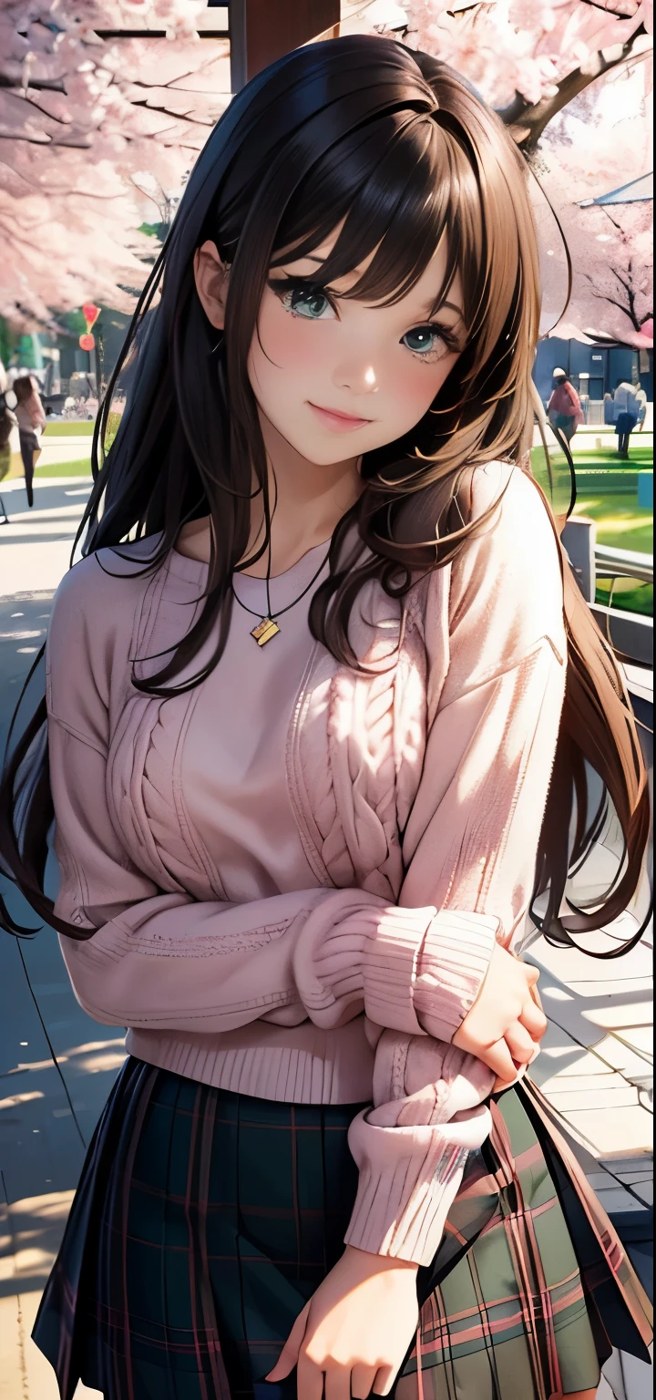 ((table top, highest quality, High resolution, nffsw, perfect pixel, written boundary depth, 4K, nffsw, nffsw))), 1 girl, single, alone, beautiful anime girl, beautiful art style, anime character, ((long hair, bangs, brown hair)), ((green eyes:1.4, round eyes, beautiful eyelashes, realistic eyes)), ((detailed face, blush:1.2)), ((smooth texture:0.75, realistic texture:0.65, realistic:1.1, Anime CG style)),  dynamic angle,  ((throw, Selfie Pose, portrait)), ((pink sweater, long sleeve, black skirt, plaid skirt, Fashionable, 1 diamond necklace)), smile,  amusement park, ((cherry blossoms, cherry blossomsの花が散る))